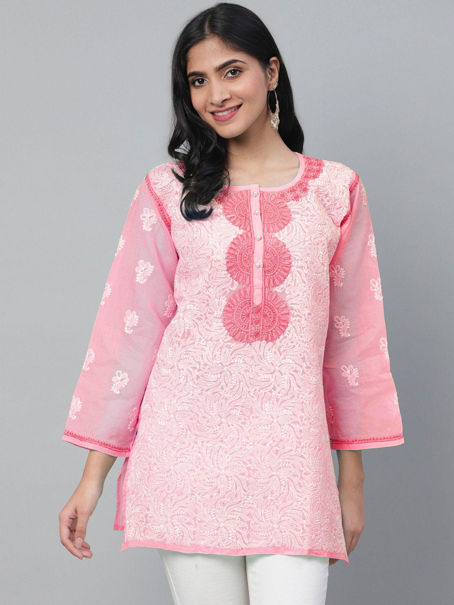 hand embroidered ethnic motifs lucknowi chikankari pink cotton kurti