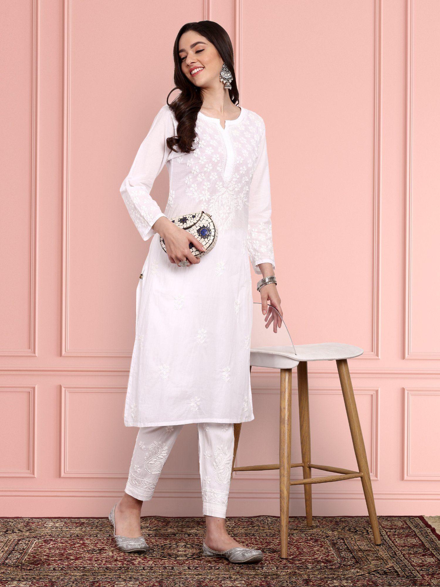 hand embroidered ethnic motifs lucknowi chikankari white cotton kurta