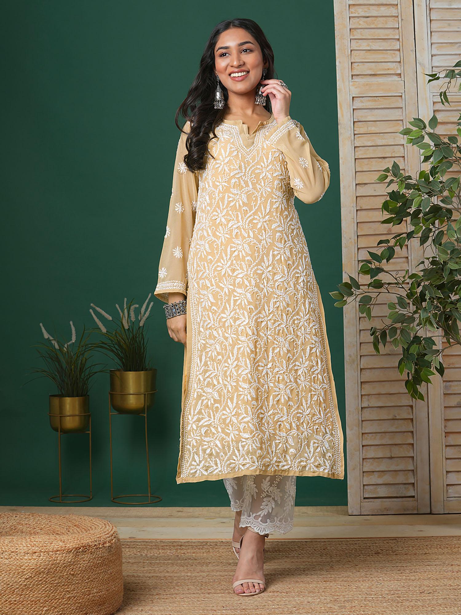 hand embroidered fawn georgette lucknow chikankari kurta with slip [a90352]