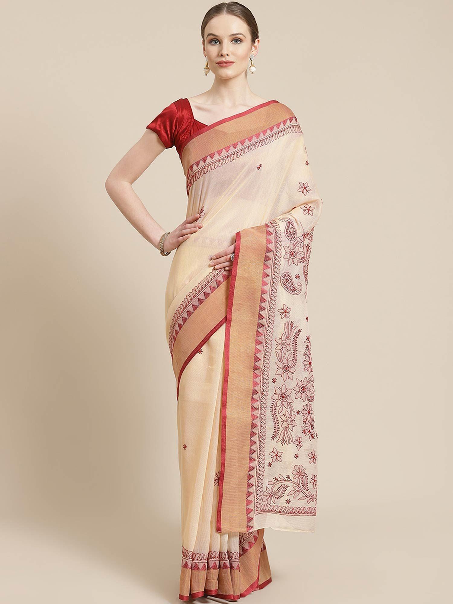 hand embroidered fawn kota lucknow chikan saree- a311241 (a311241)