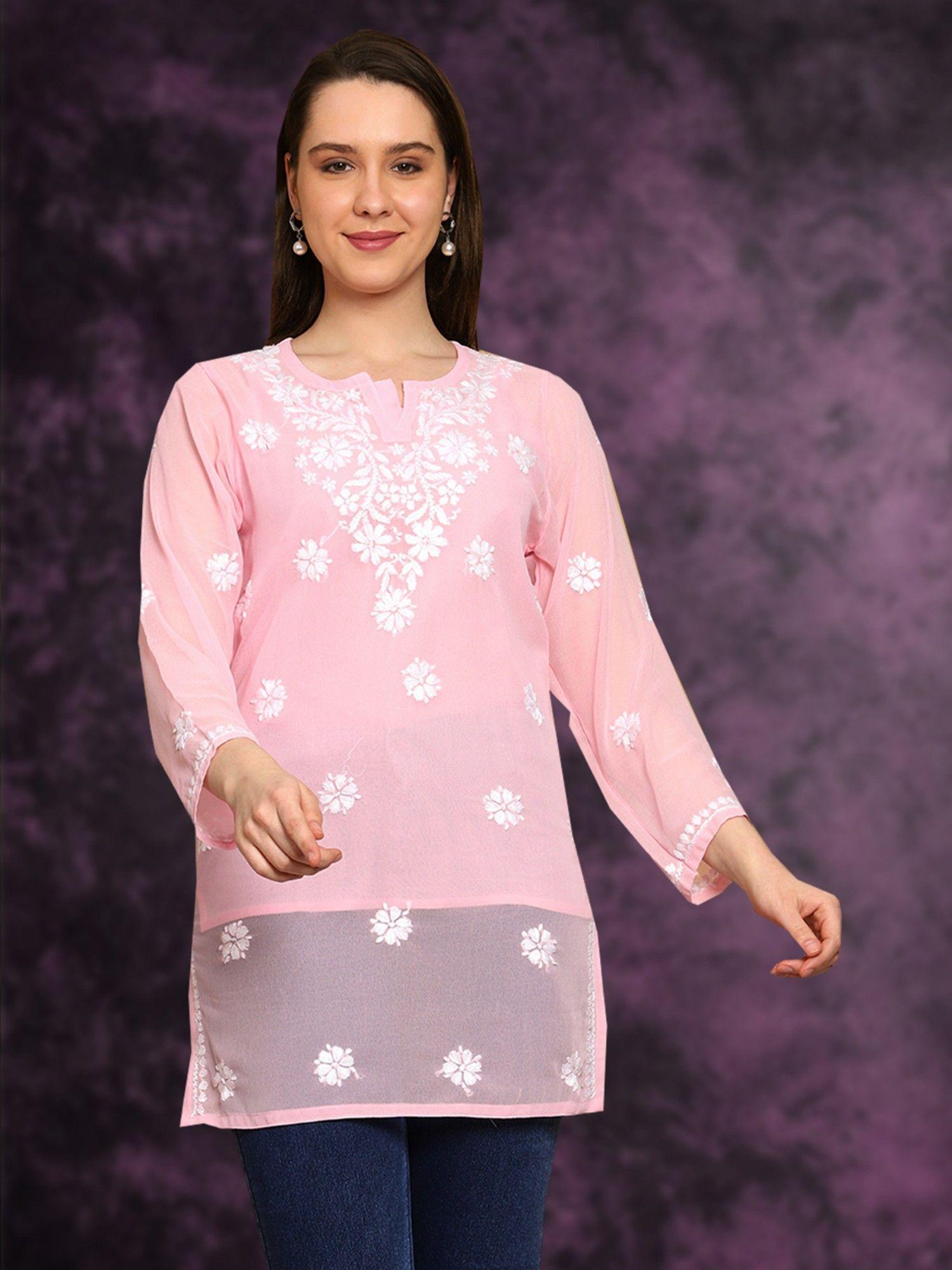 hand embroidered floral lucknowi chikankari pink georgette kurti with slip (set of 2)