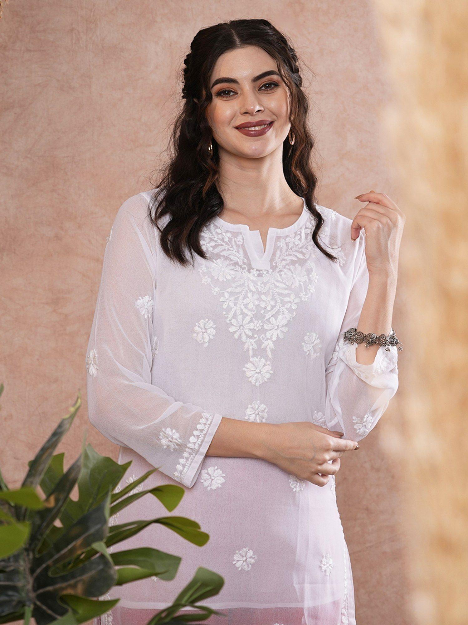 hand embroidered floral lucknowi chikankari white georgette kurti with slip (set of 2)