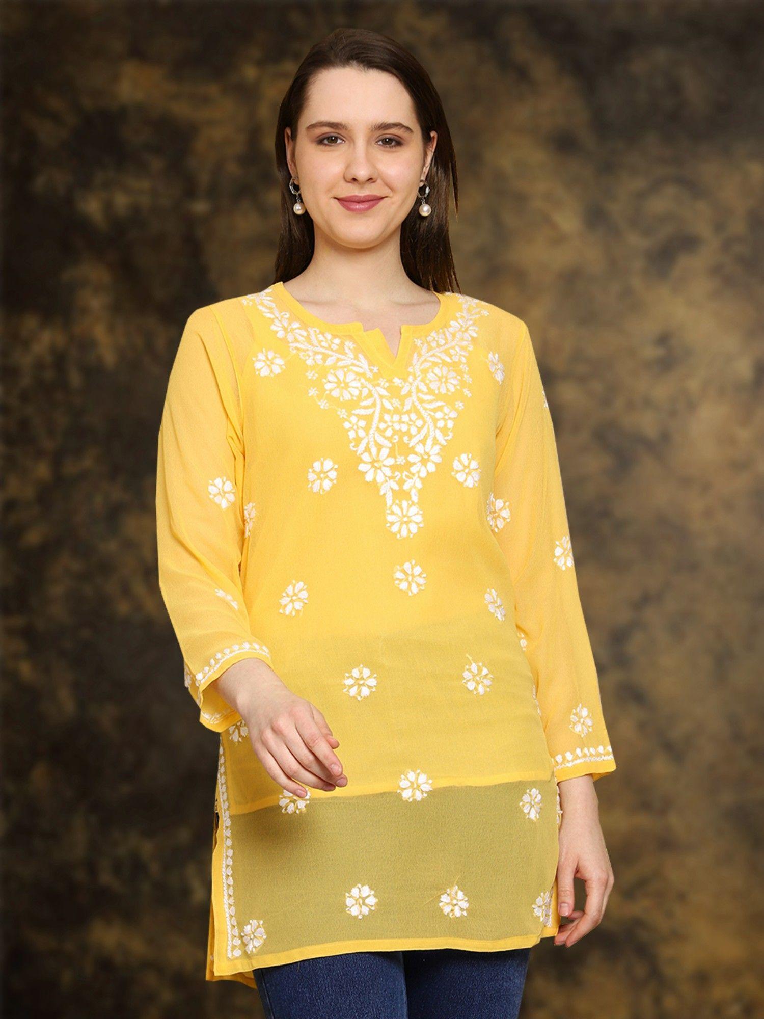 hand embroidered floral lucknowi chikankari yellow georgette kurti with slip (set of 2)