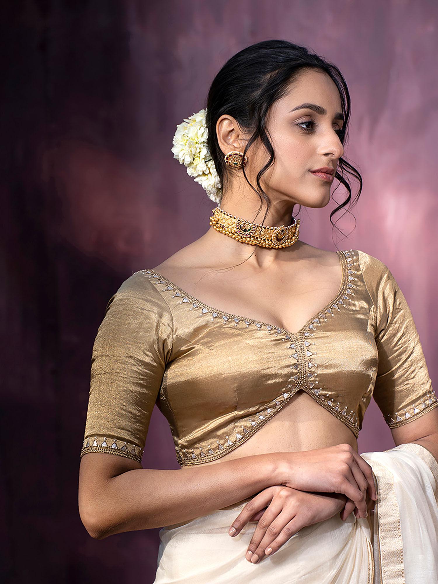 hand embroidered golden tissue silk blouse with gota patti