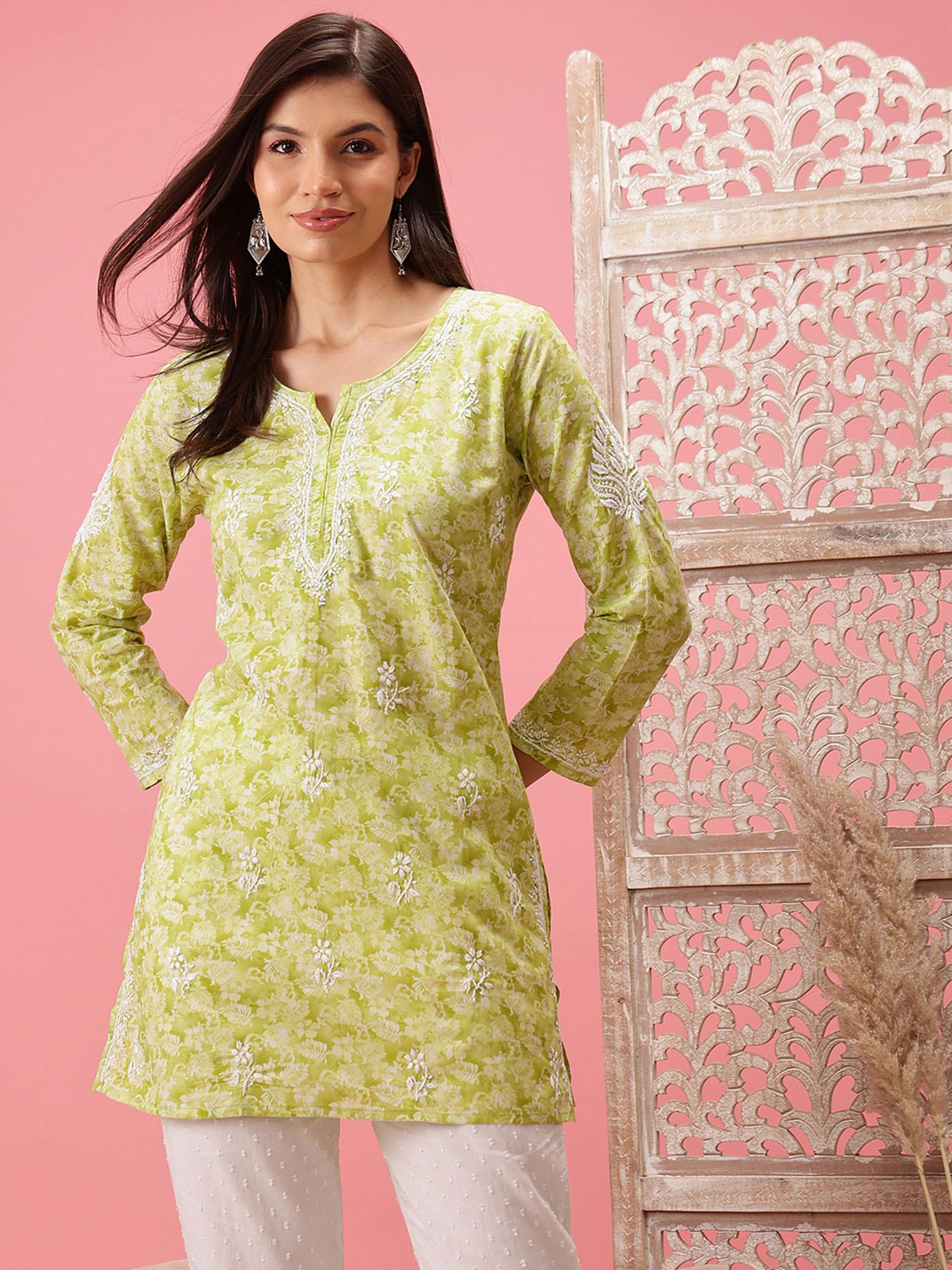 hand embroidered green cotton lucknow women chikankari kurti a911219