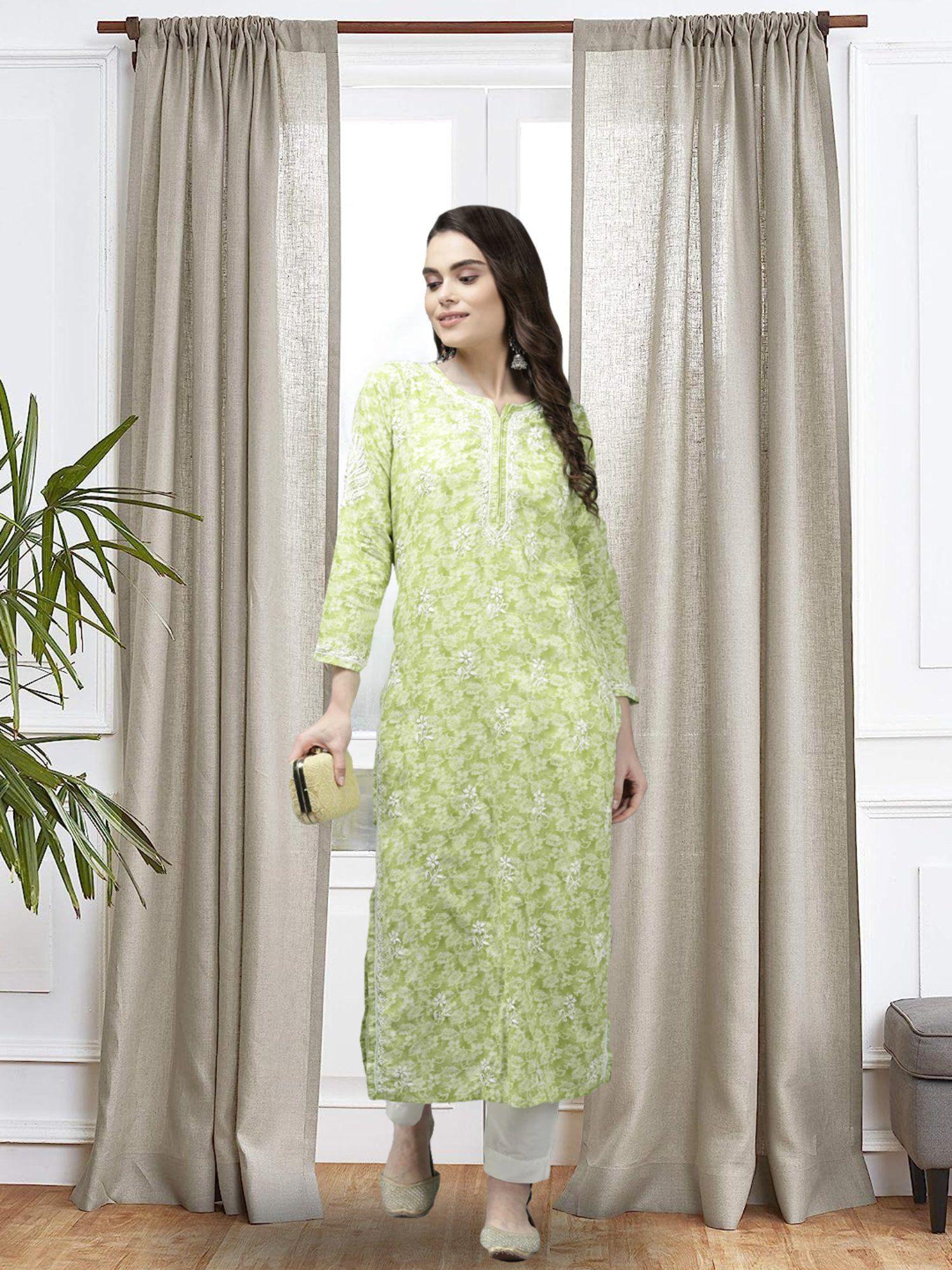 hand embroidered green cotton traditional lucknow women chikankari kurta a411378