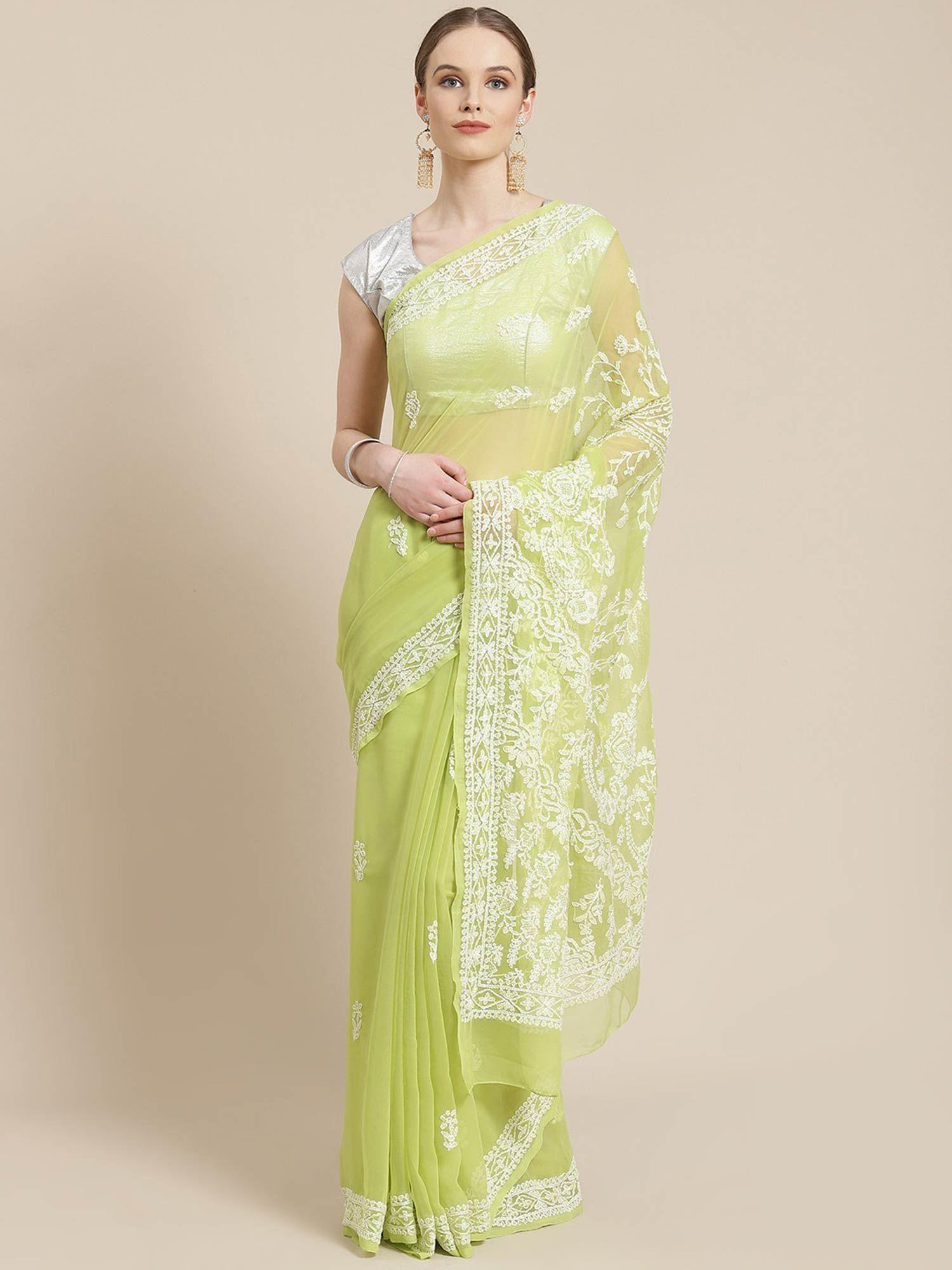 hand embroidered green georgette lucknow chikan saree- a191630 (a191630)