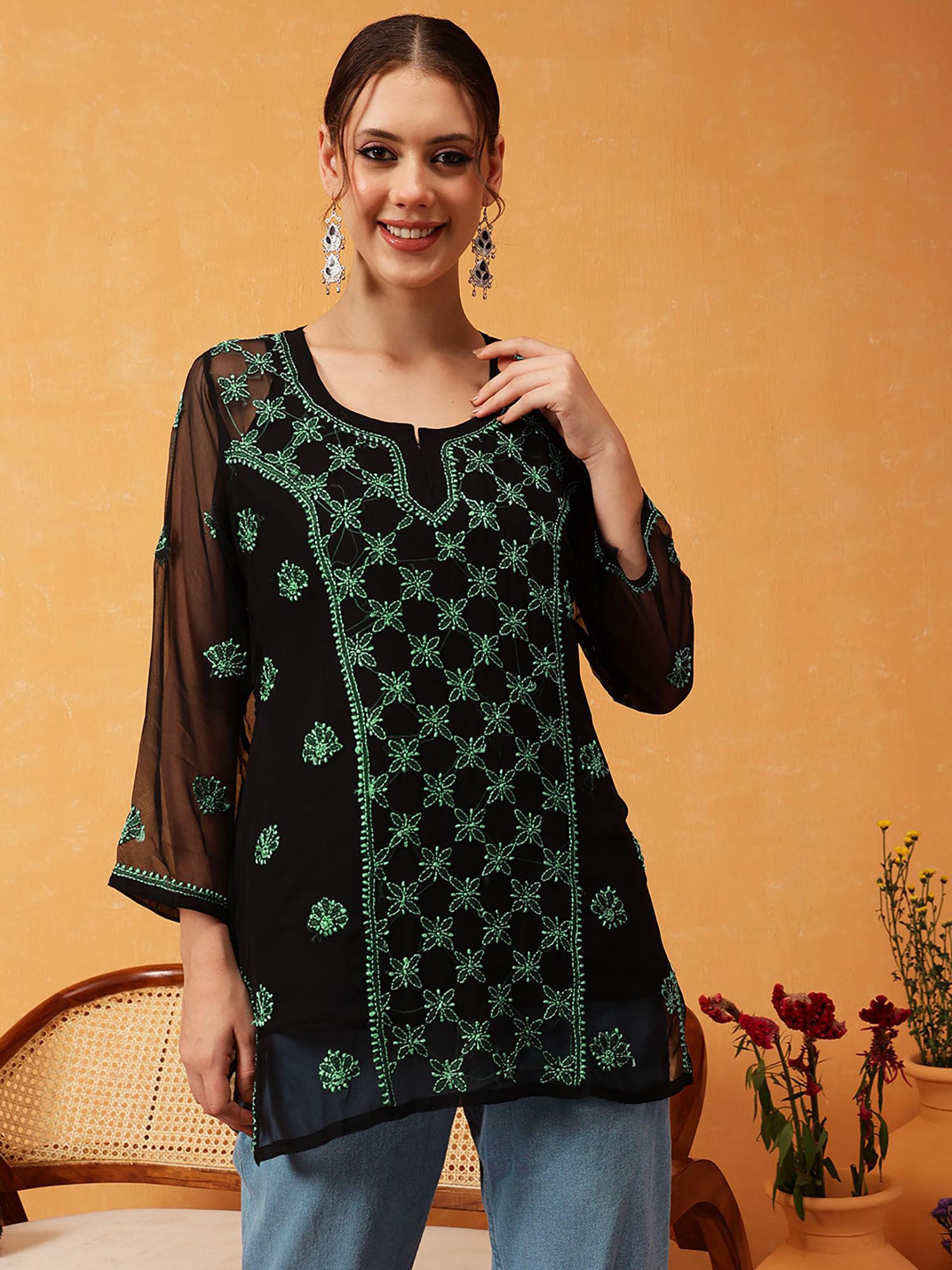 hand embroidered green georgette lucknowi chikankari short kurti with slip (set of 2)