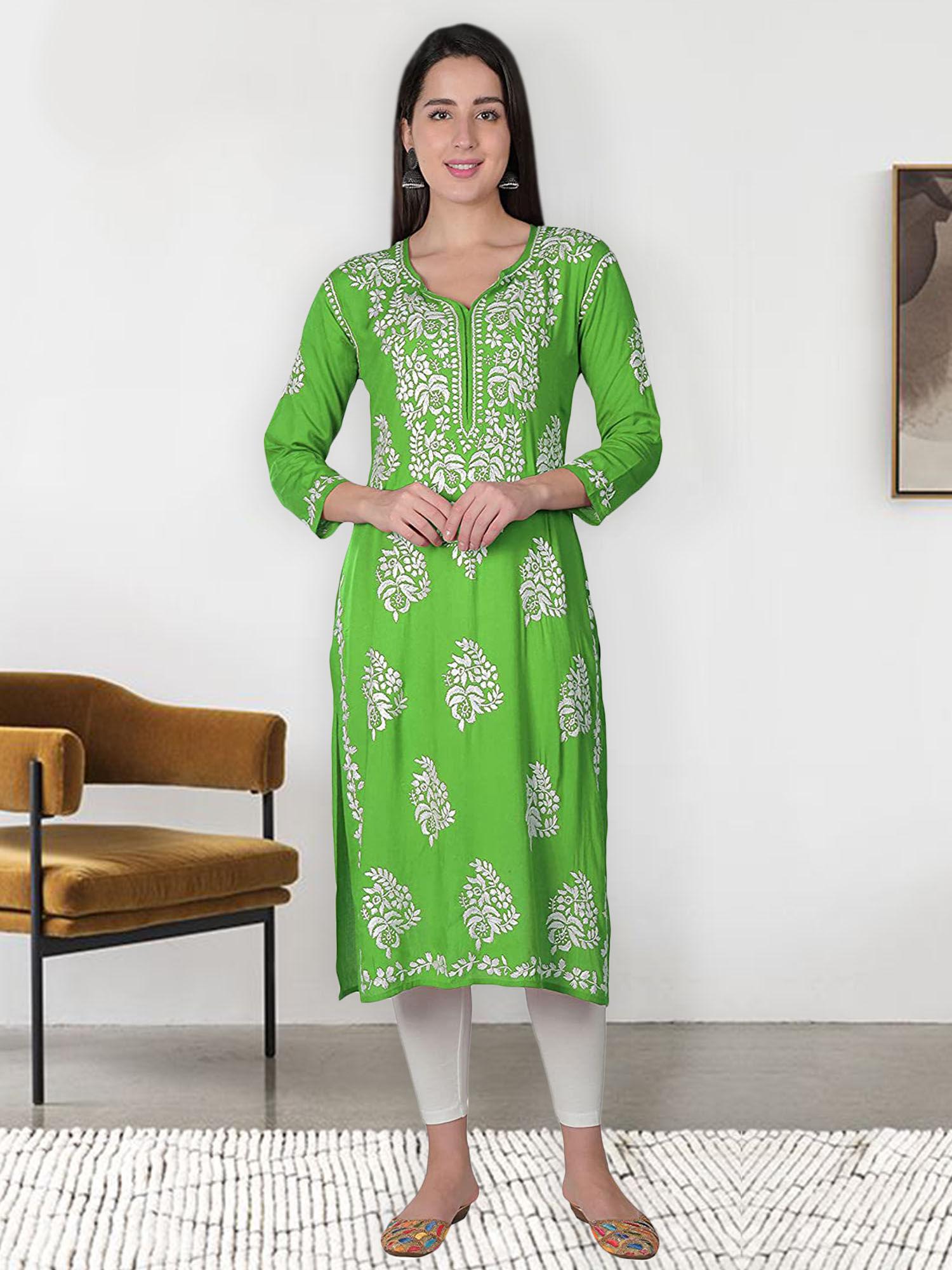 hand embroidered green modal cotton lucknowi chikankari kurta