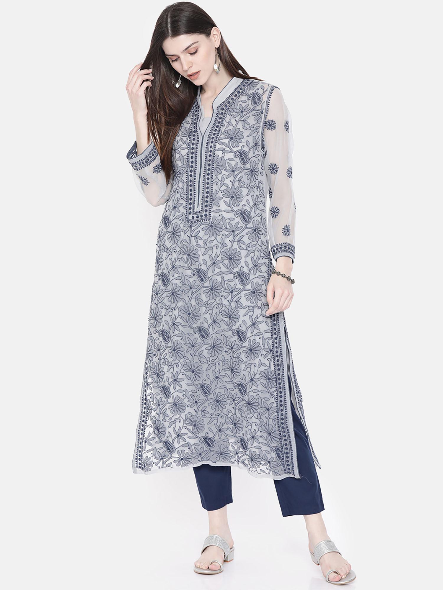 hand embroidered grey georgette lucknow chikankari kurta with slip