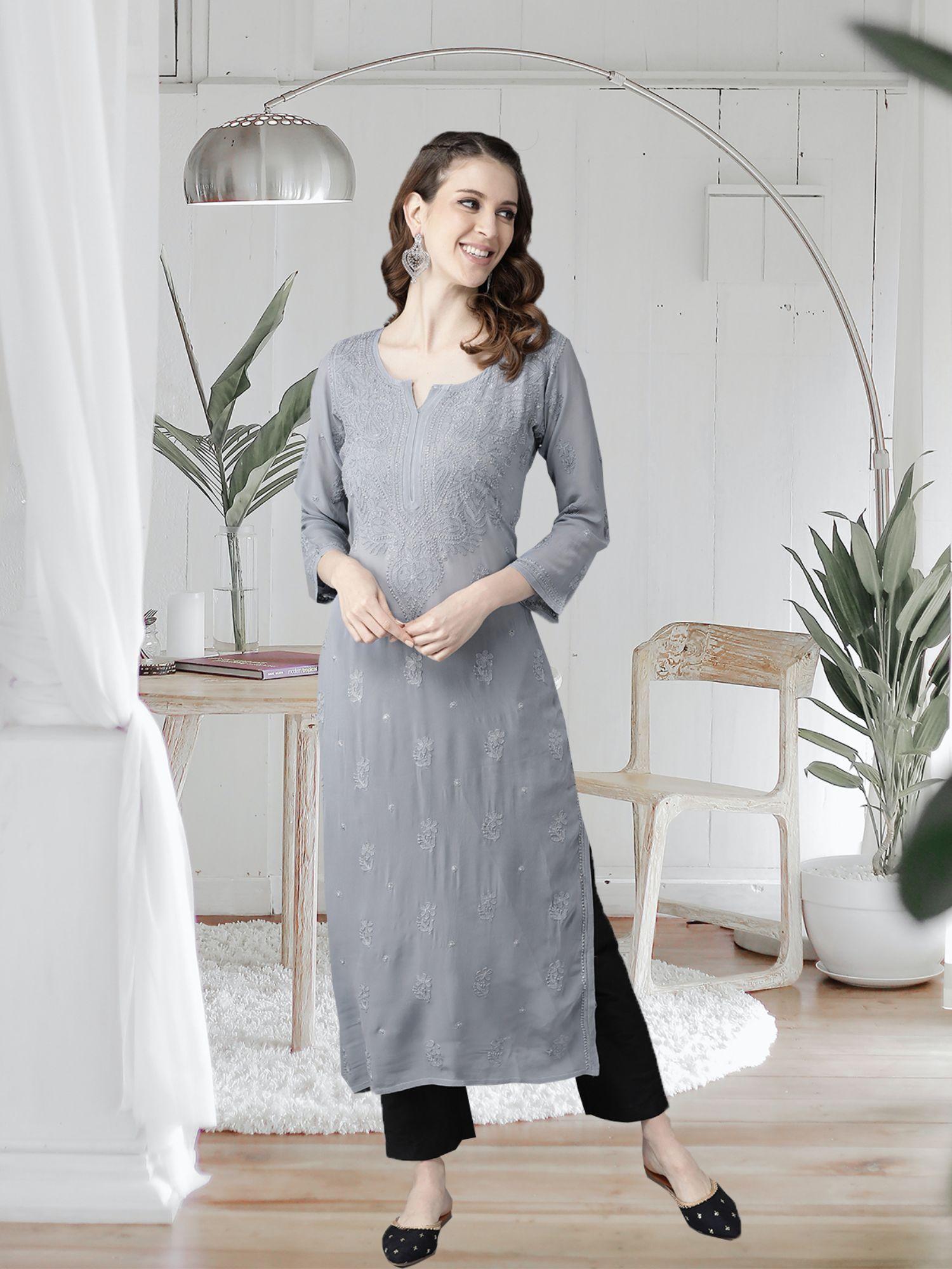 hand embroidered grey georgette lucknowi chikan kurta (xs) (a411185)