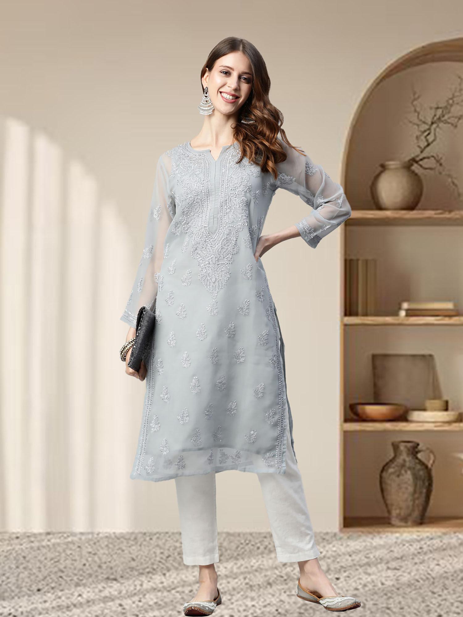 hand embroidered grey georgette lucknowi chikankari kurta with slip (set of 2) (xs) (a130748)