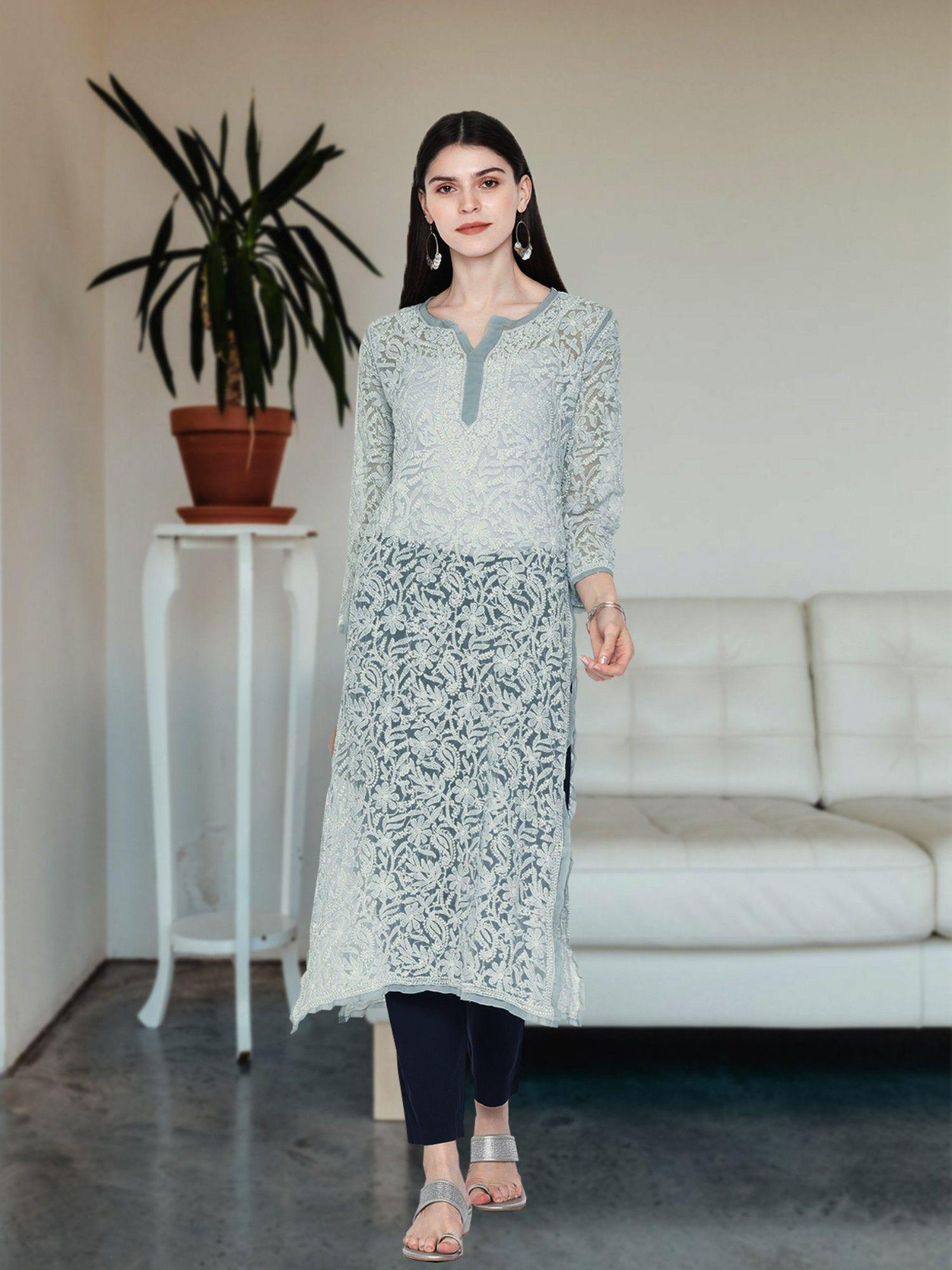 hand embroidered grey georgette lucknowi chikankari straight kurta [a105268]