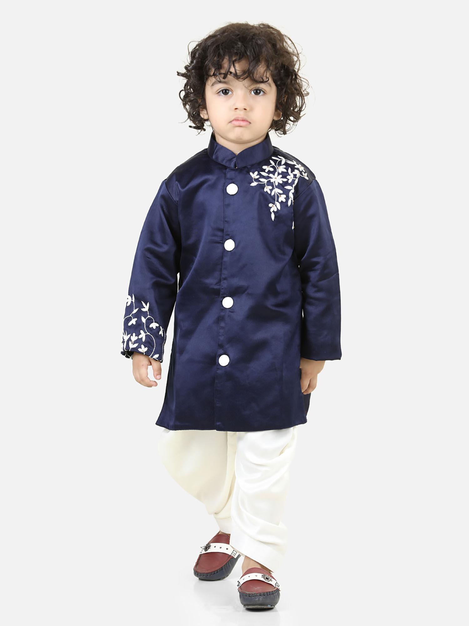 hand embroidered jam cotton sherwani salwar for boys blue (set of 2)