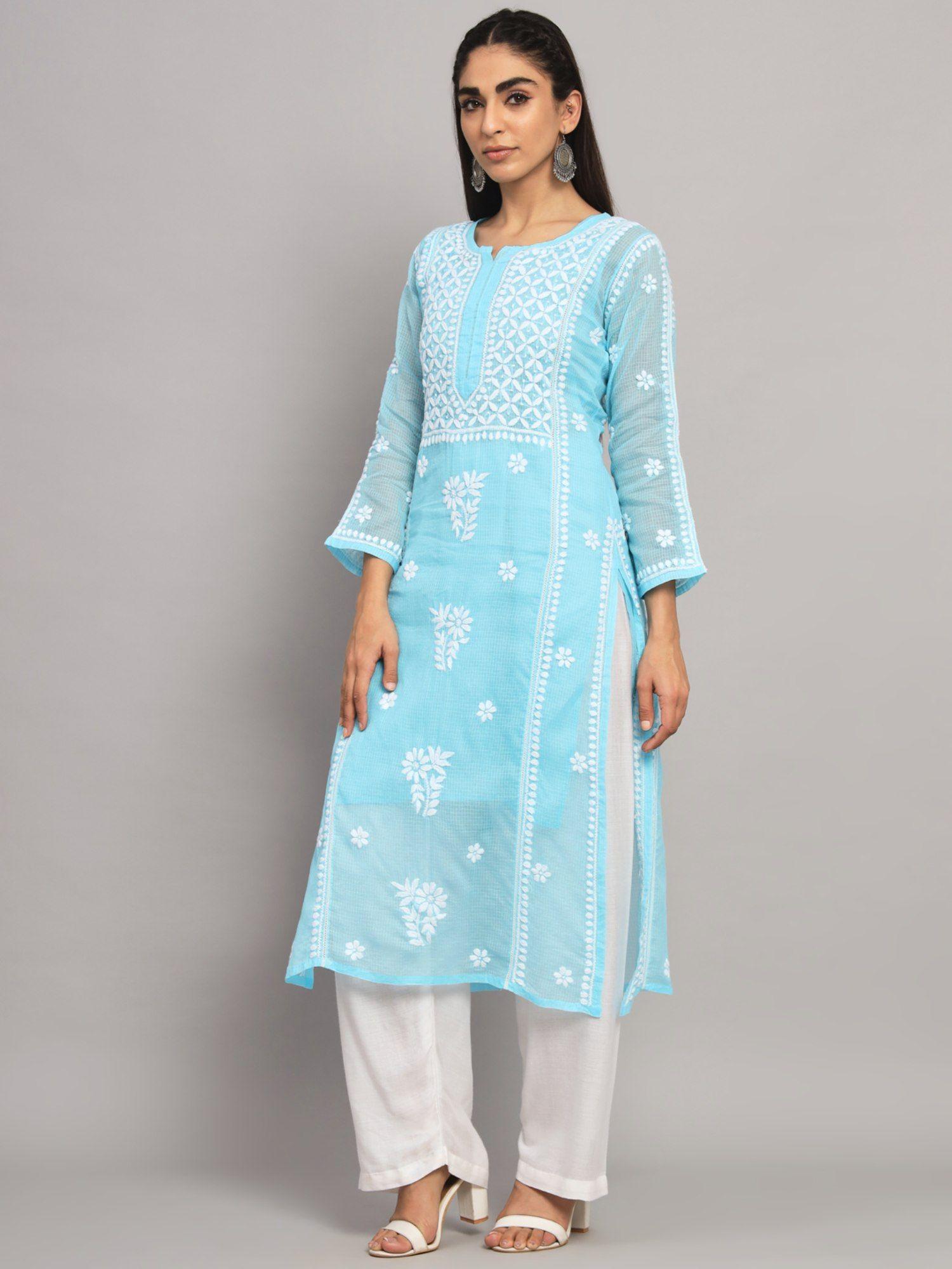 hand embroidered kota turquoise blue chikankari kurta with slip (set of 2)