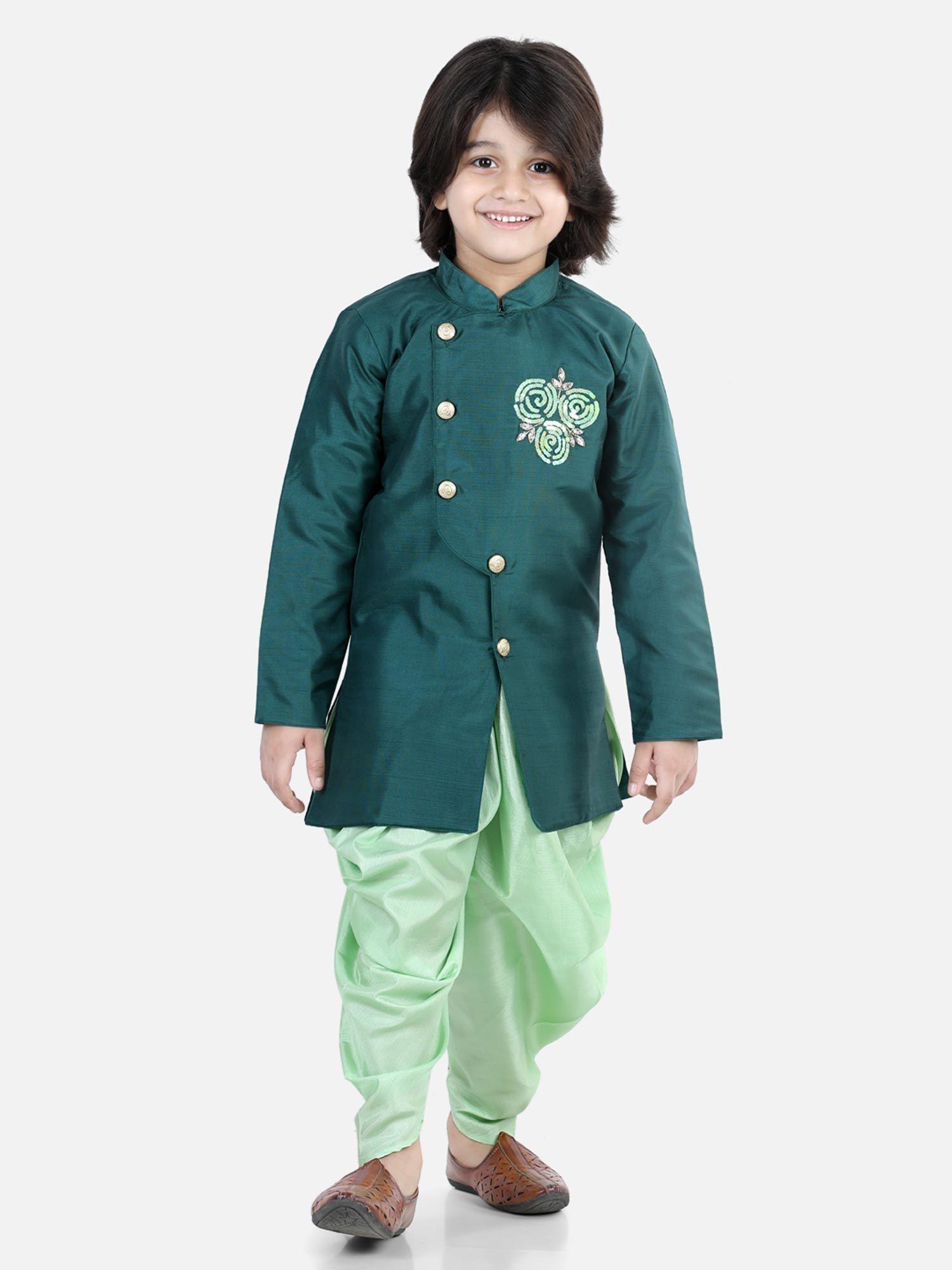 hand embroidered kurta dhoti for boys - green (set of 2)