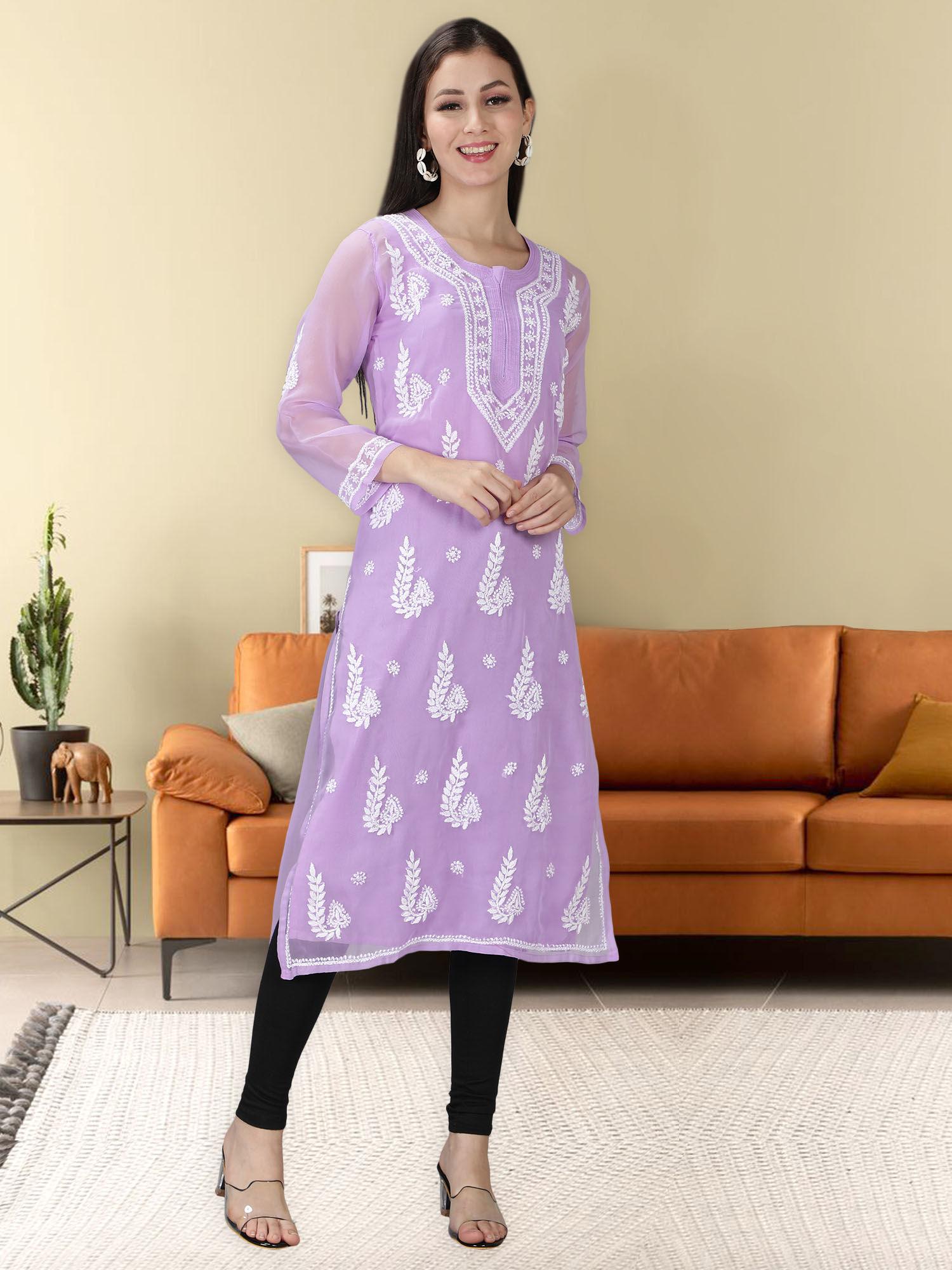 hand embroidered lavender lucknowi chikankari kurta with inner (set of 2)