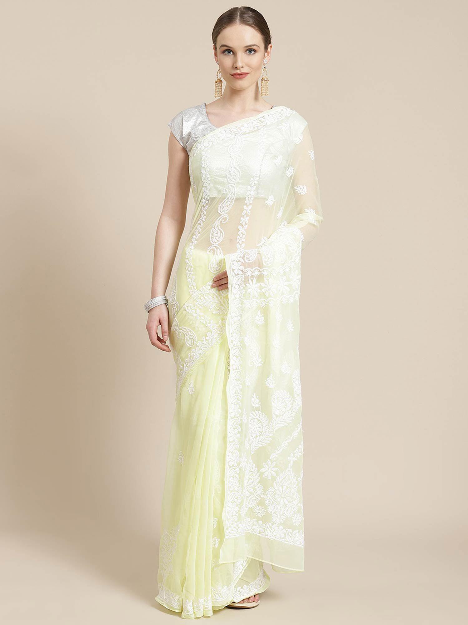 hand embroidered lemon georgette lucknow chikan saree- a311234 (a311234)