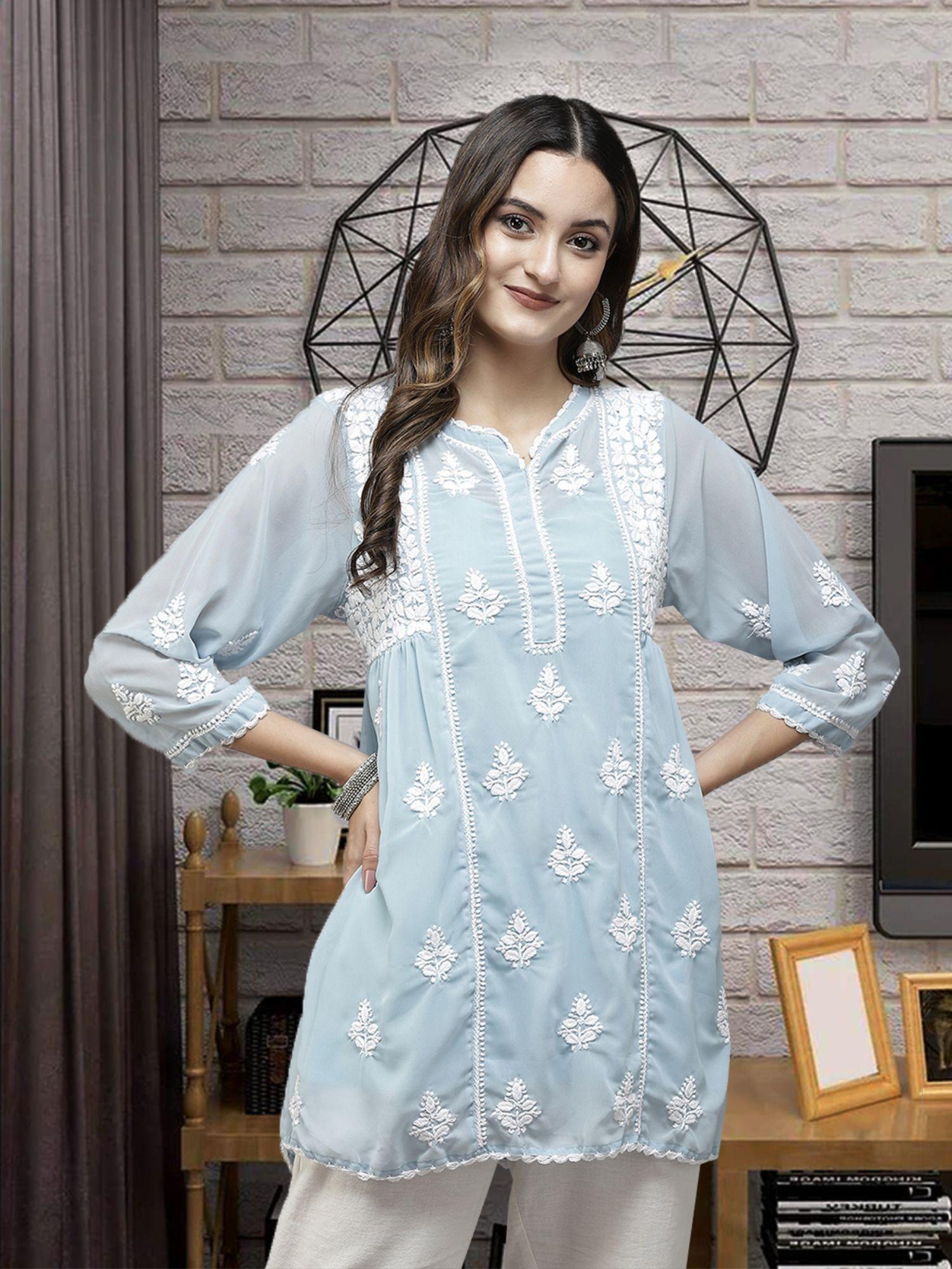 hand embroidered light blue georgette lucknow chikankari kurti with slip [a911254]