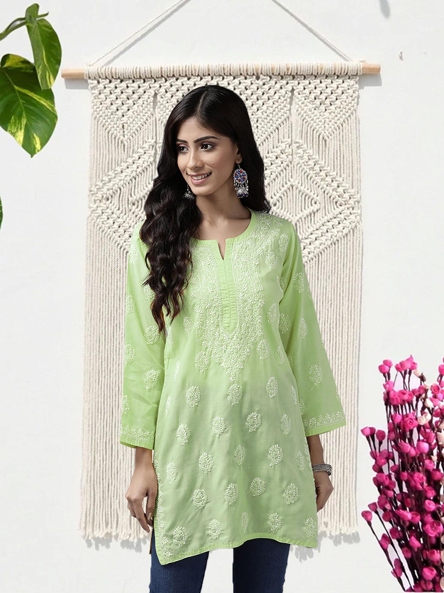 hand embroidered lime green cotton lucknow chikankari kurti [a911341]