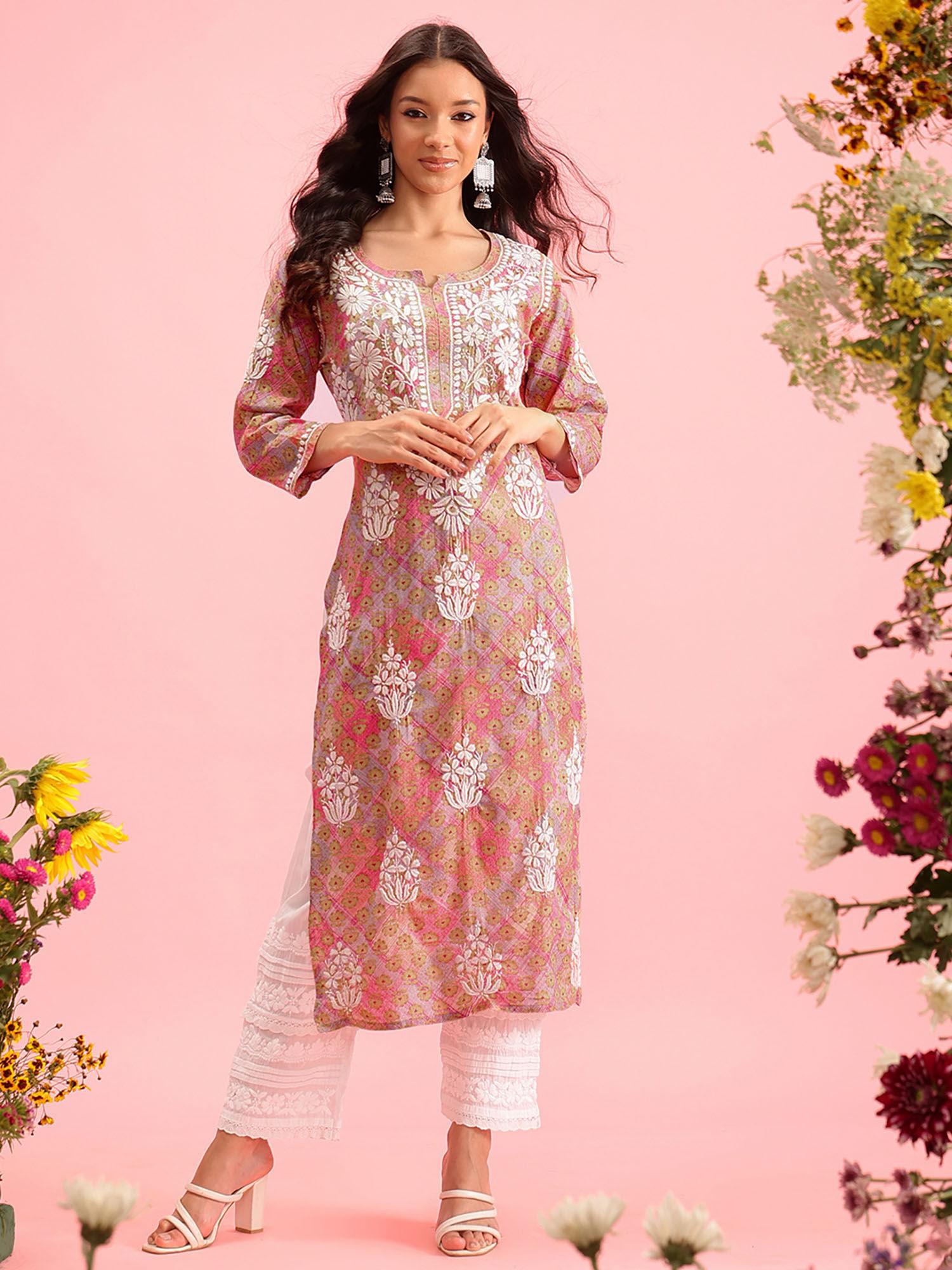 hand embroidered lucknow chikankari floral printed pink mul kurta