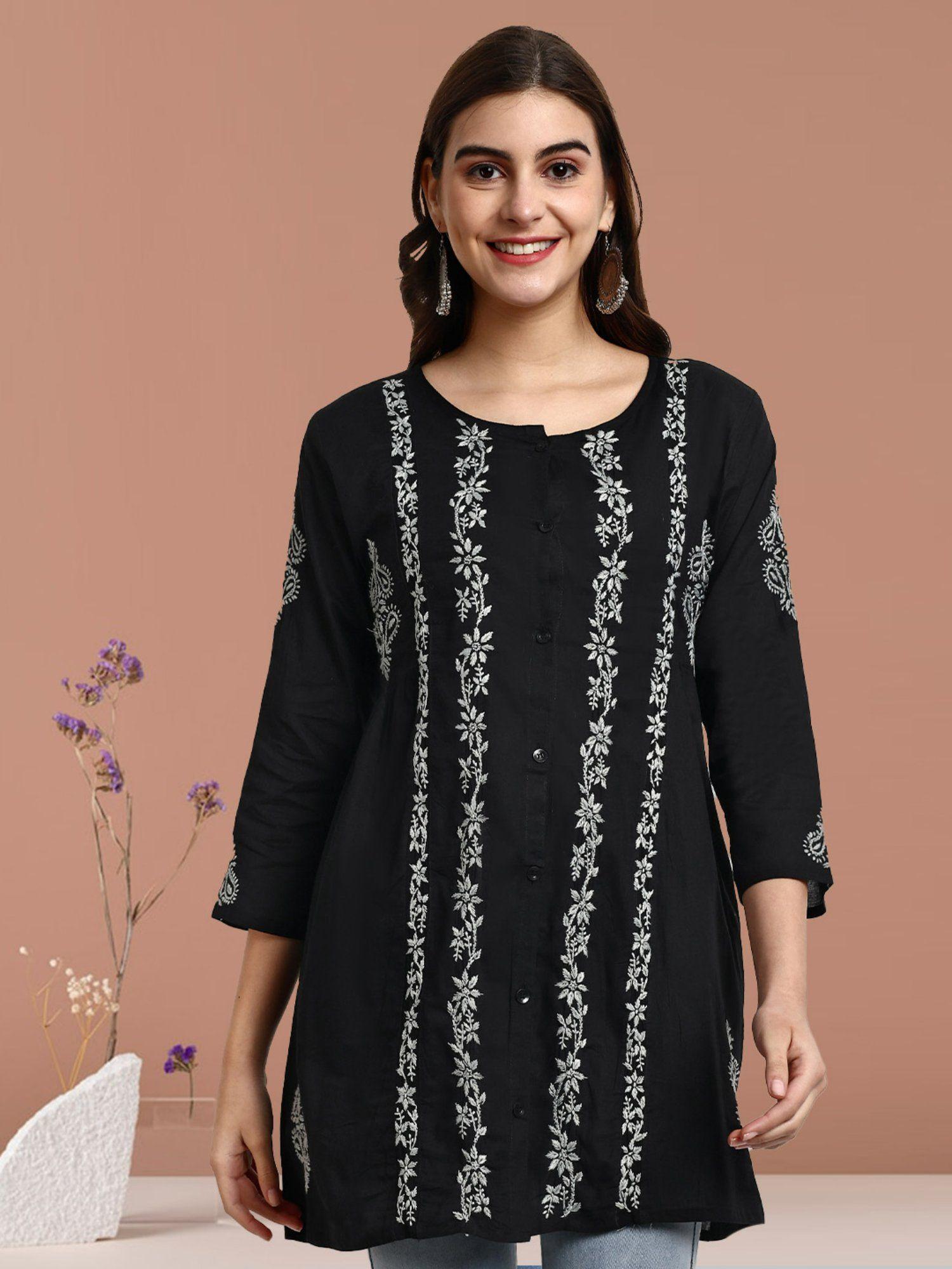 hand embroidered lucknowi chikankari black & grey cotton kurti