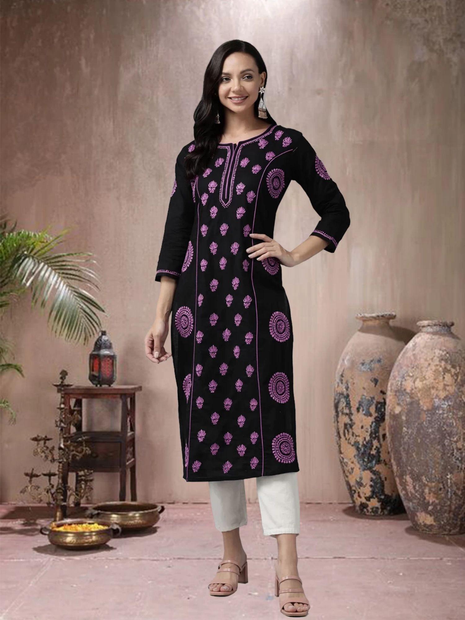 hand embroidered lucknowi chikankari black-purple cotton kurta (a411442)