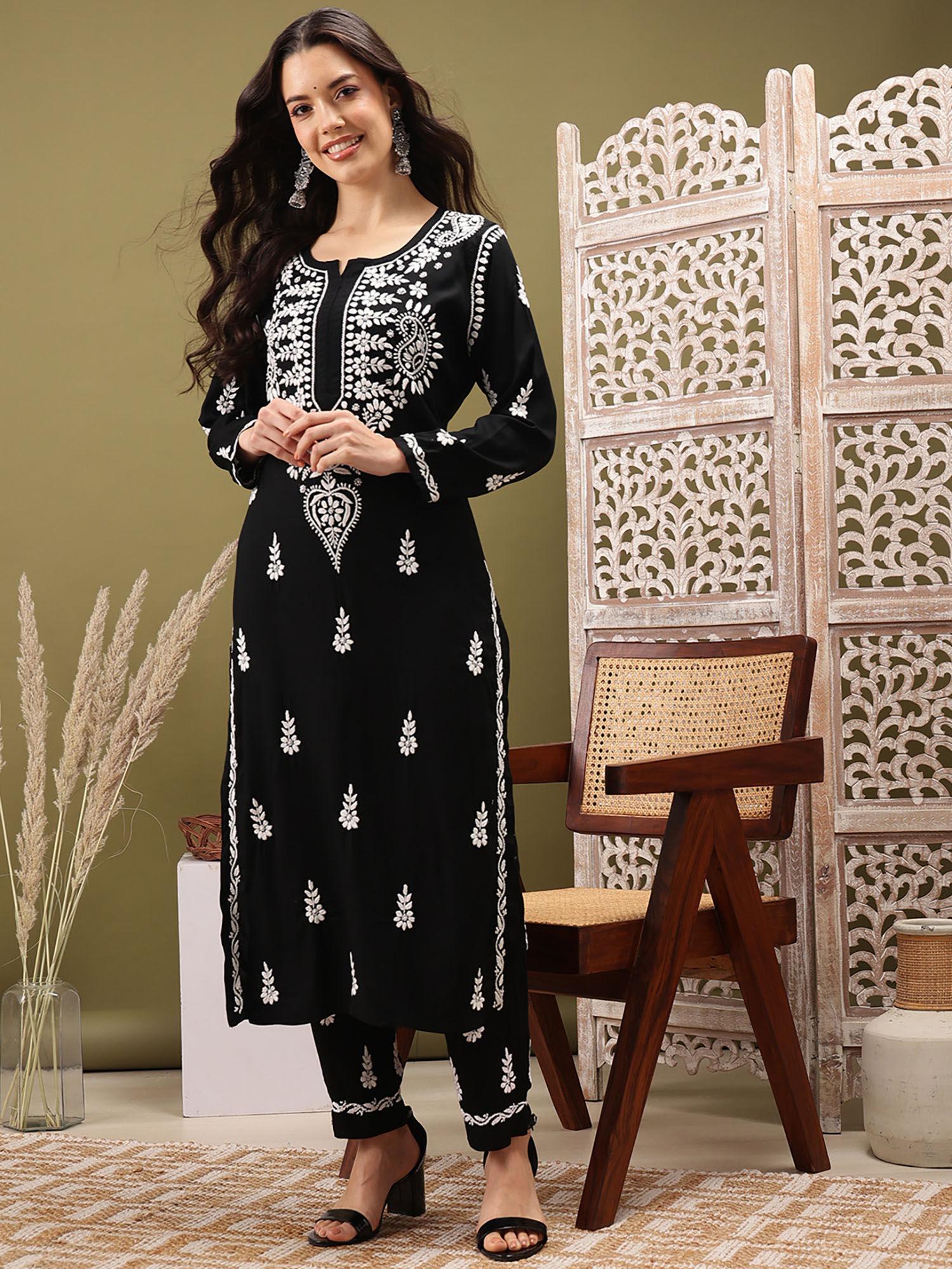 hand embroidered lucknowi chikankari black rayon kurta with pant (set of 2)