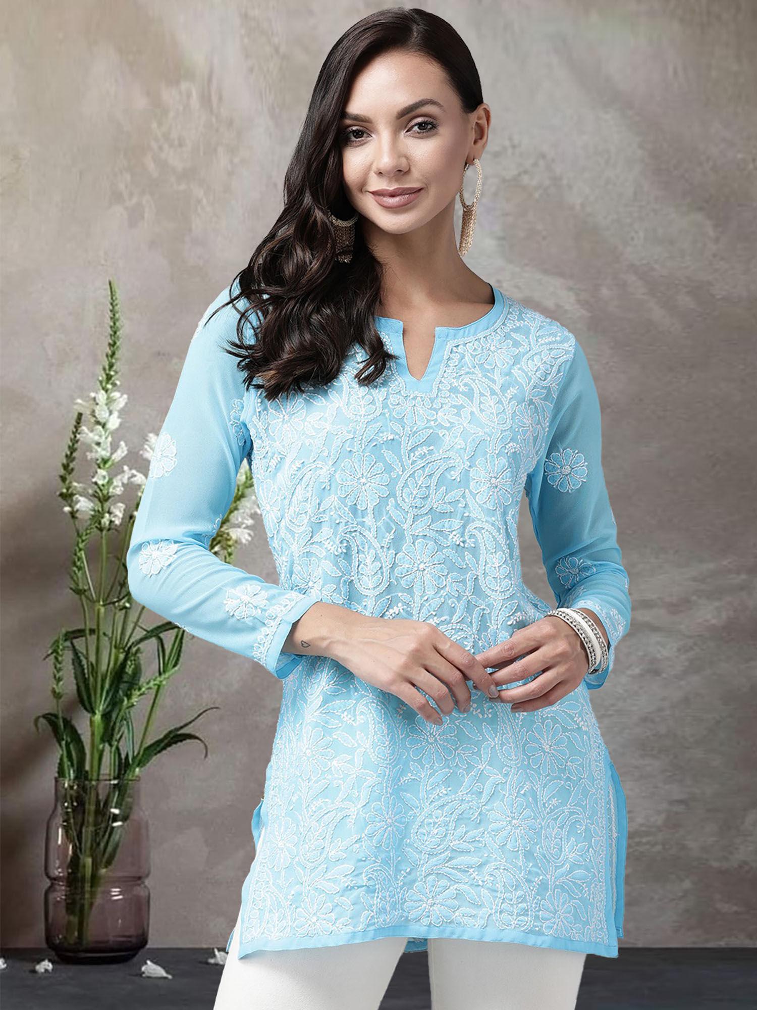 hand embroidered lucknowi chikankari blue georgette kurti