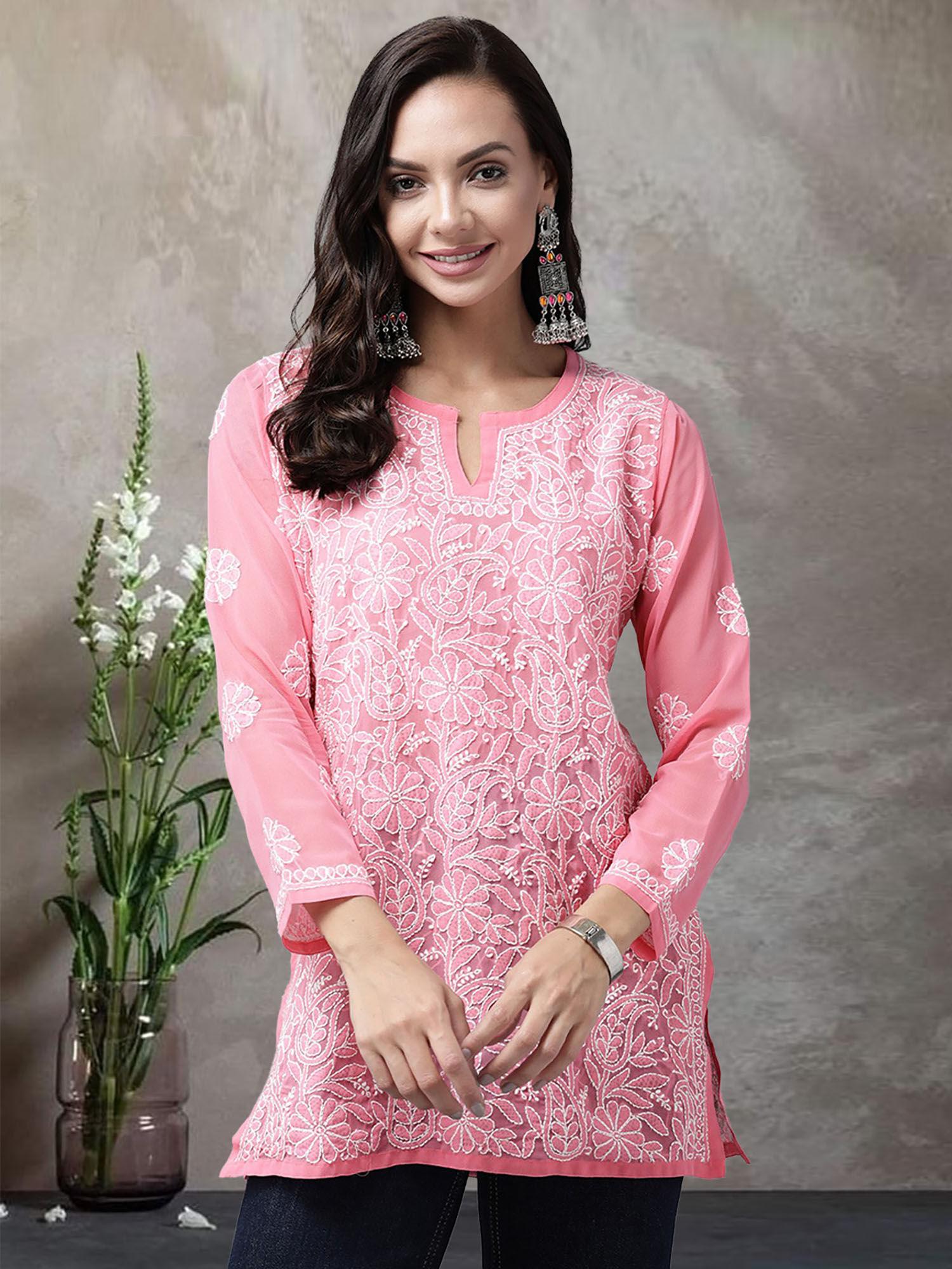 hand embroidered lucknowi chikankari dark pink georgette kurti