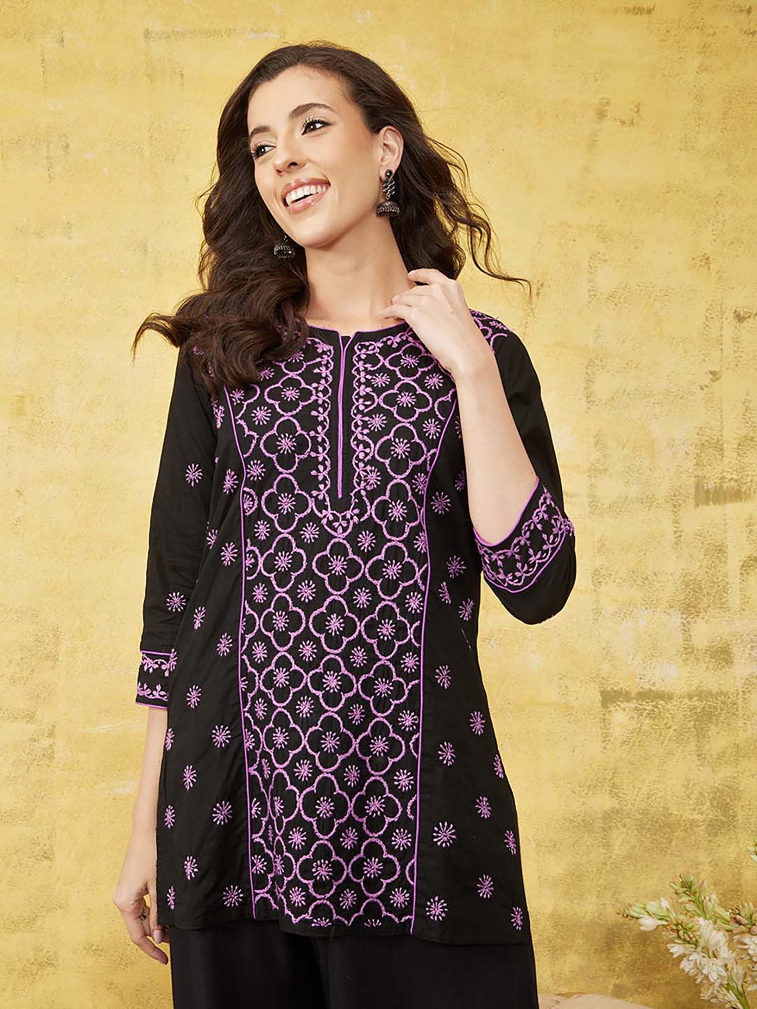 hand embroidered lucknowi chikankari ethnic motifs black & mauve cotton kurti