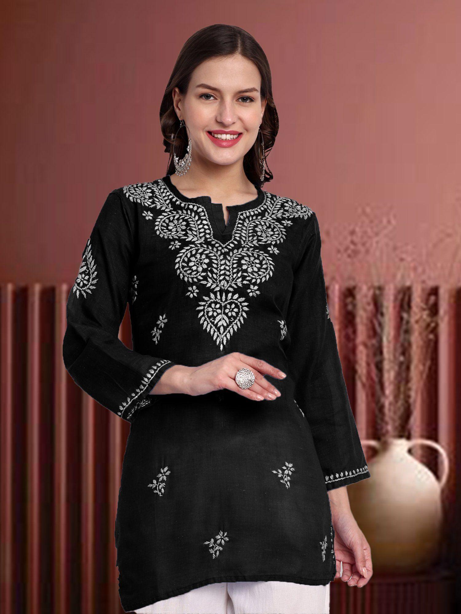 hand embroidered lucknowi chikankari ethnic motifs black cotton kurti