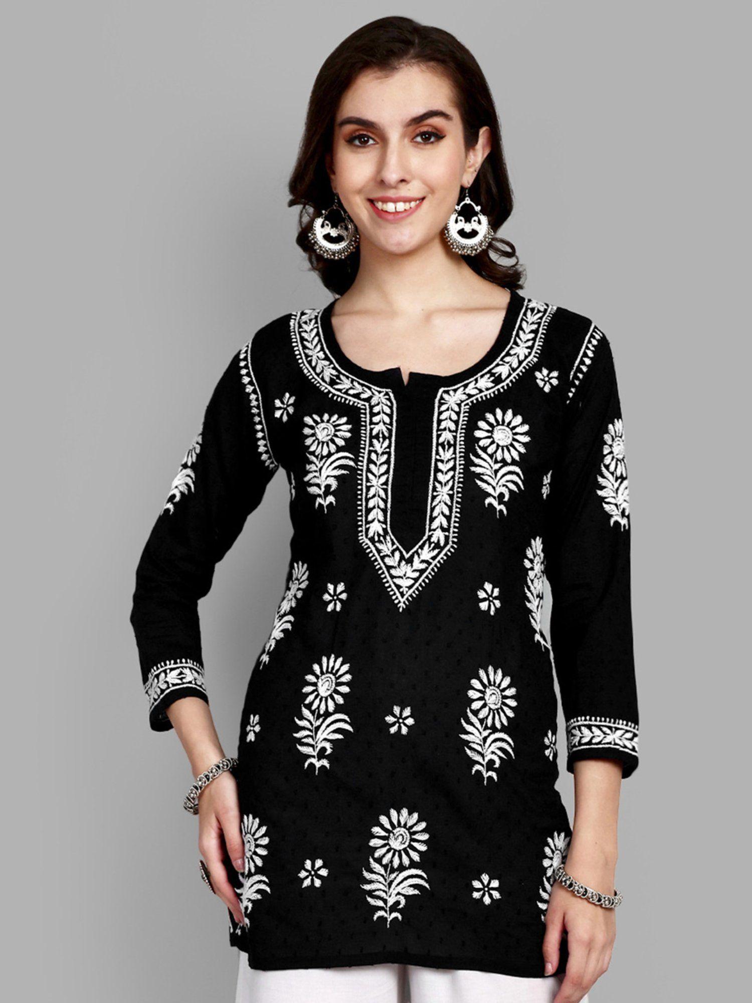 hand embroidered lucknowi chikankari ethnic motifs black dobby cotton kurti