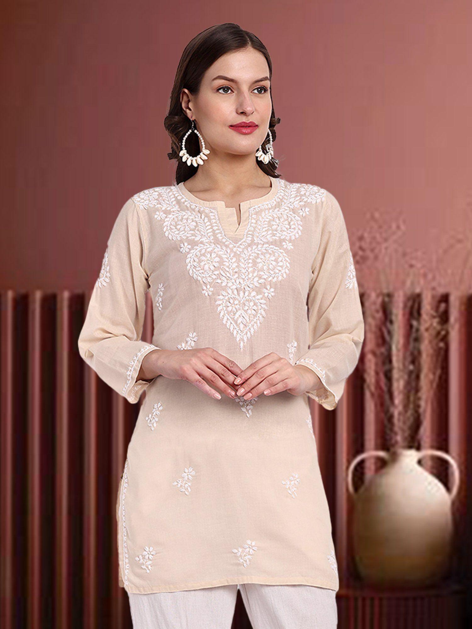 hand embroidered lucknowi chikankari ethnic motifs fawn cotton kurti