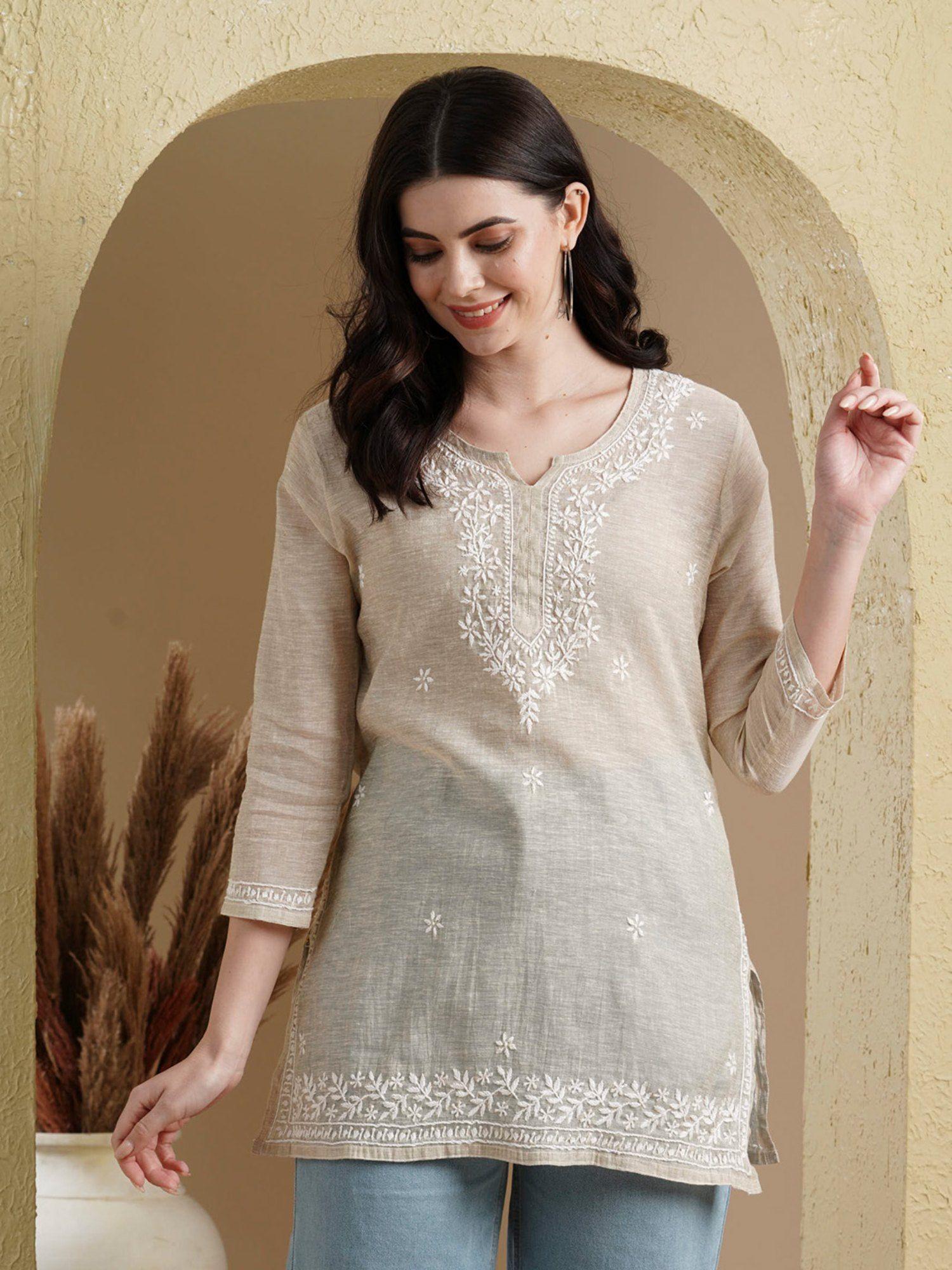 hand embroidered lucknowi chikankari ethnic motifs fawn khadi kurti