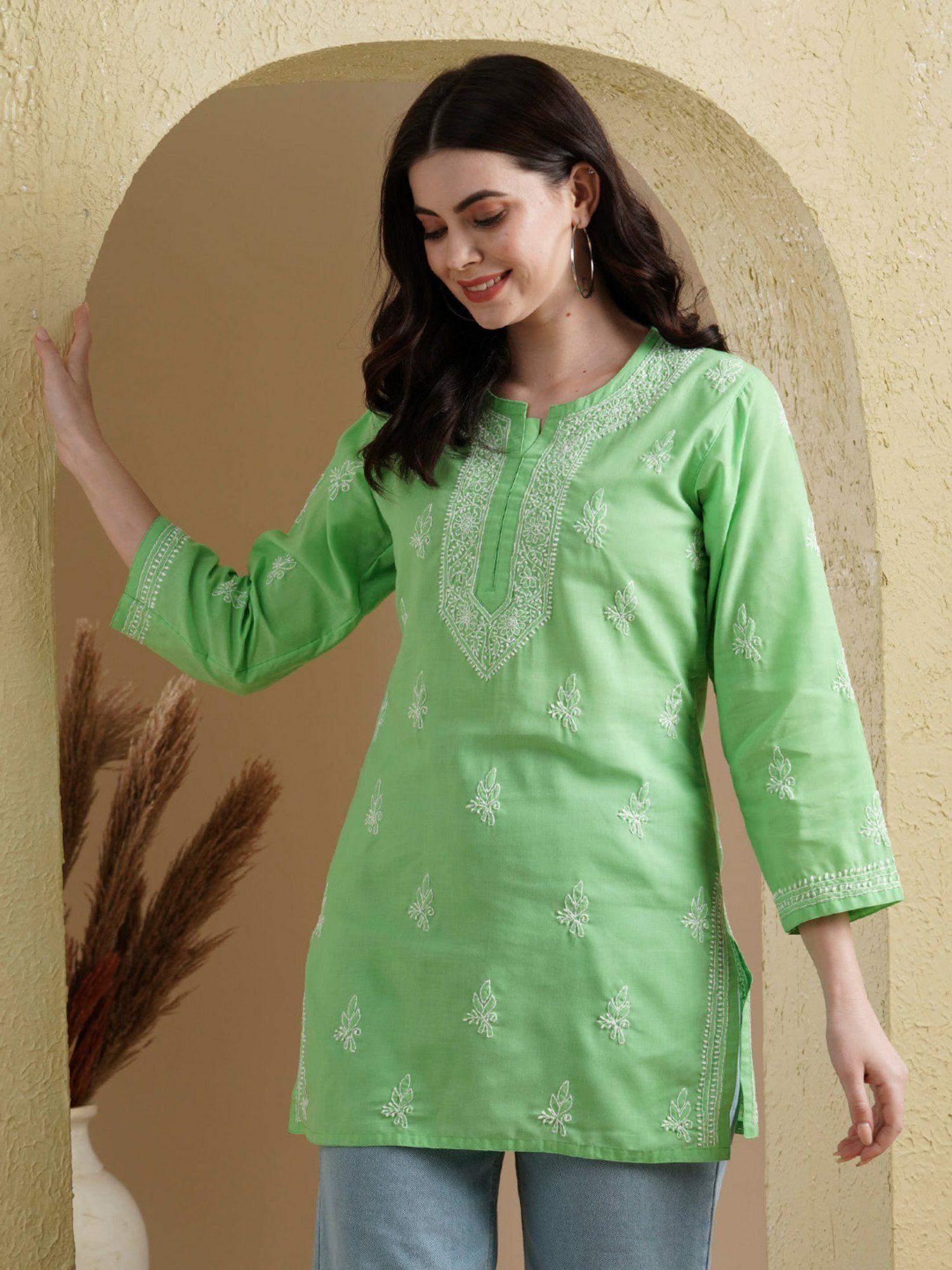 hand embroidered lucknowi chikankari ethnic motifs green cotton kurti