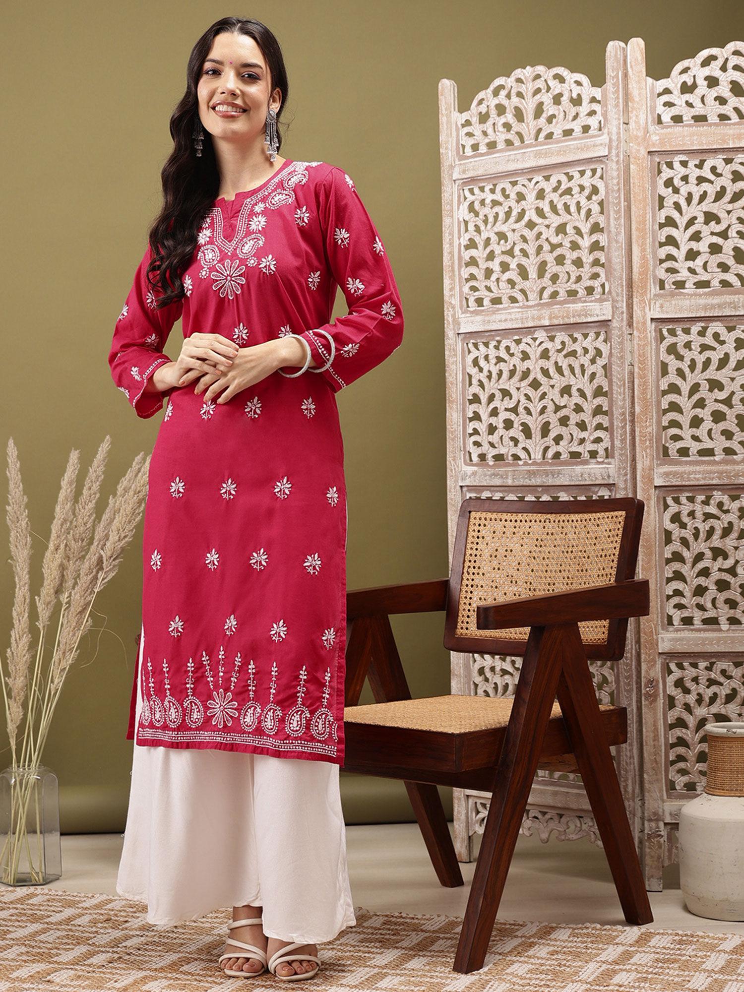 hand embroidered lucknowi chikankari ethnic motifs magenta cotton kurta