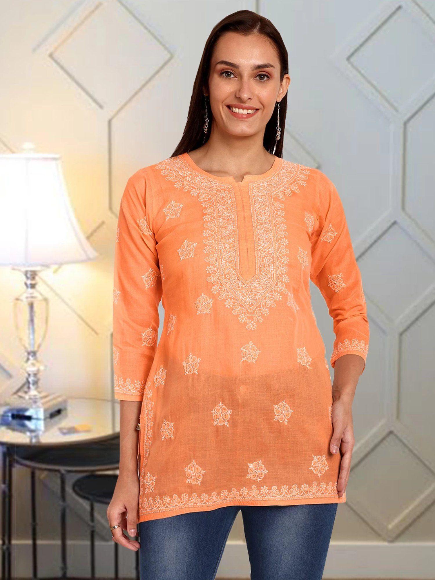 hand embroidered lucknowi chikankari ethnic motifs orange cotton kurti