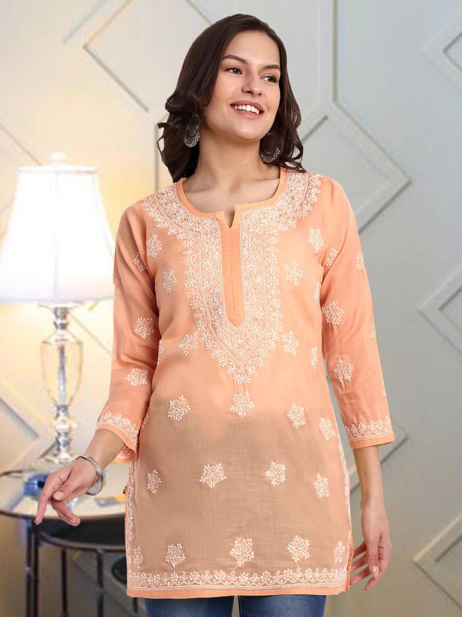 hand embroidered lucknowi chikankari ethnic motifs peach cotton kurti