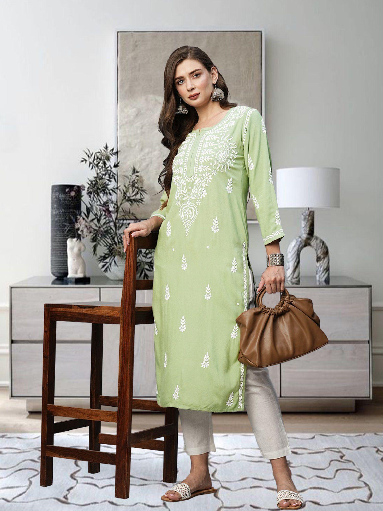 hand embroidered lucknowi chikankari ethnic motifs pista green rayon kurta