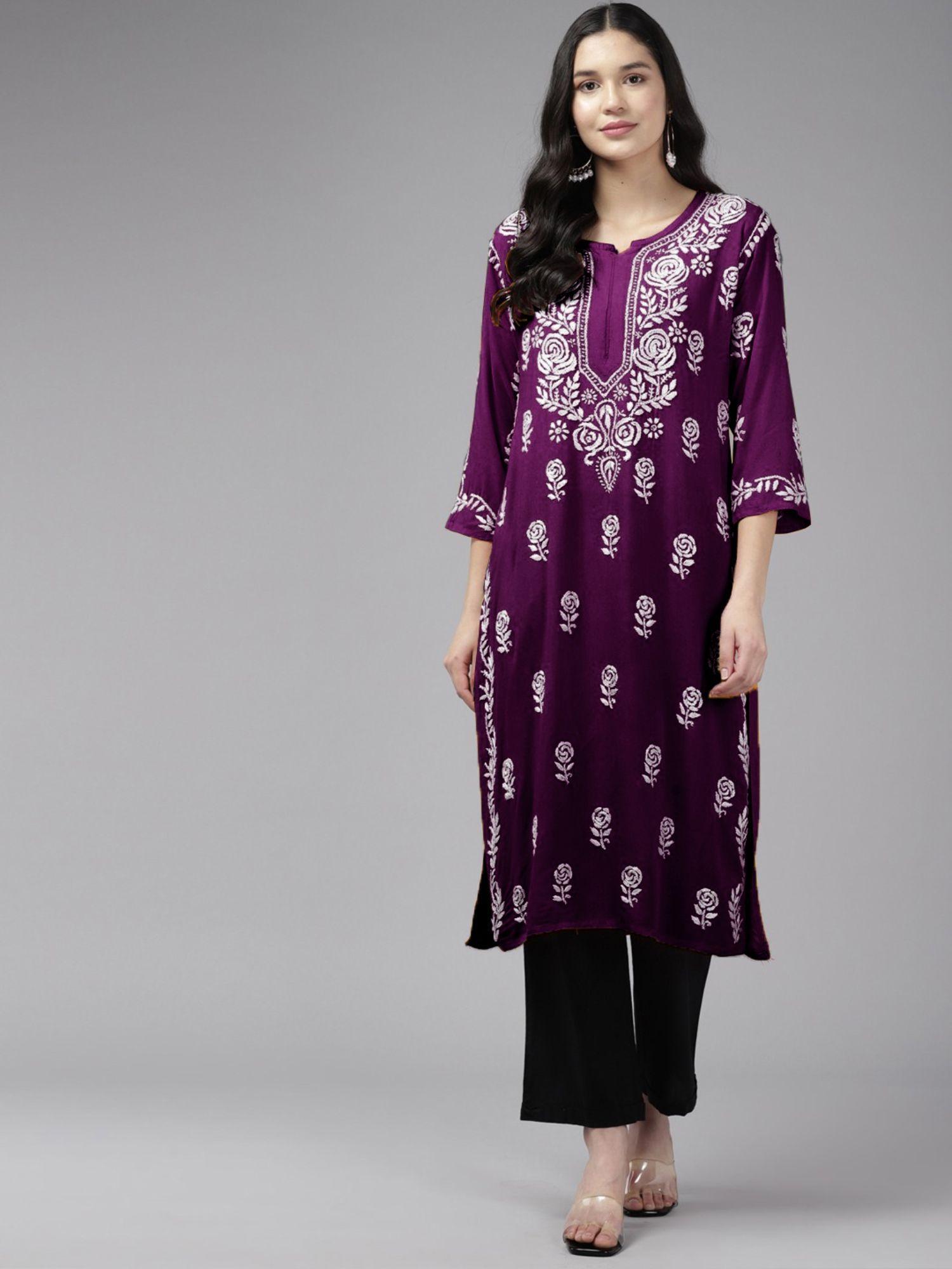 hand embroidered lucknowi chikankari ethnic motifs purple rayon kurta