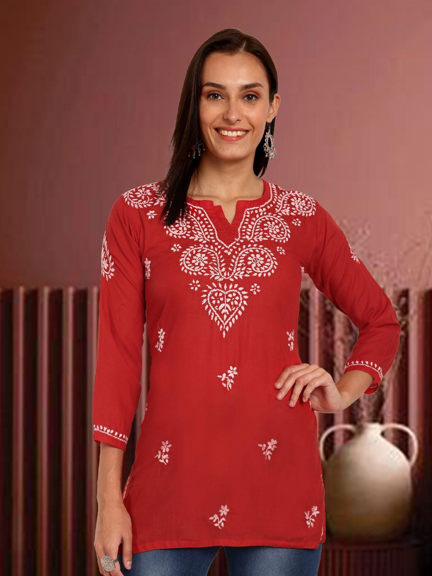 hand embroidered lucknowi chikankari ethnic motifs red cotton kurti