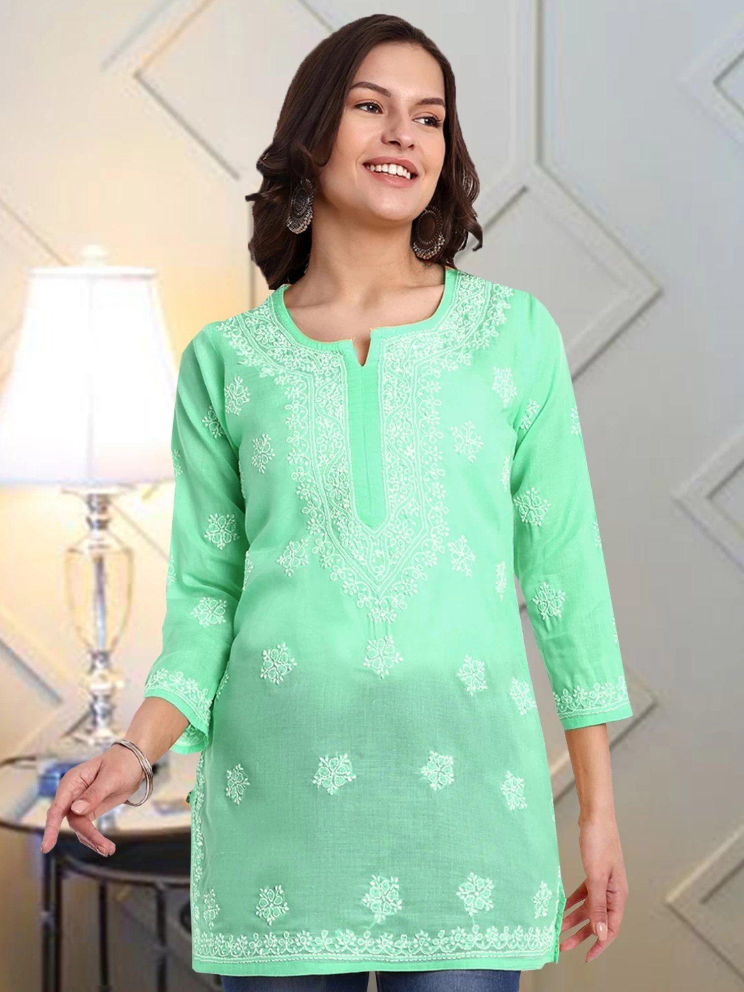 hand embroidered lucknowi chikankari ethnic motifs sea green cotton kurti