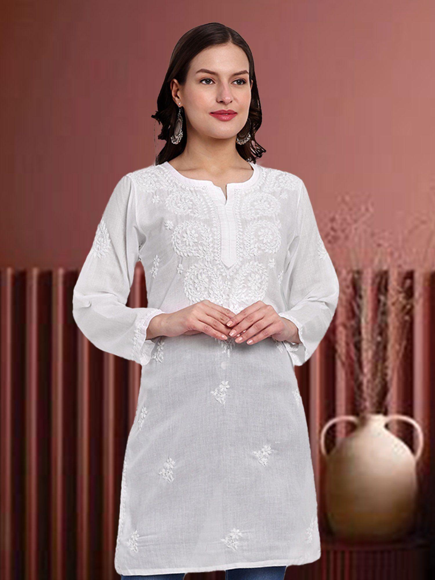 hand embroidered lucknowi chikankari ethnic motifs white cotton kurti