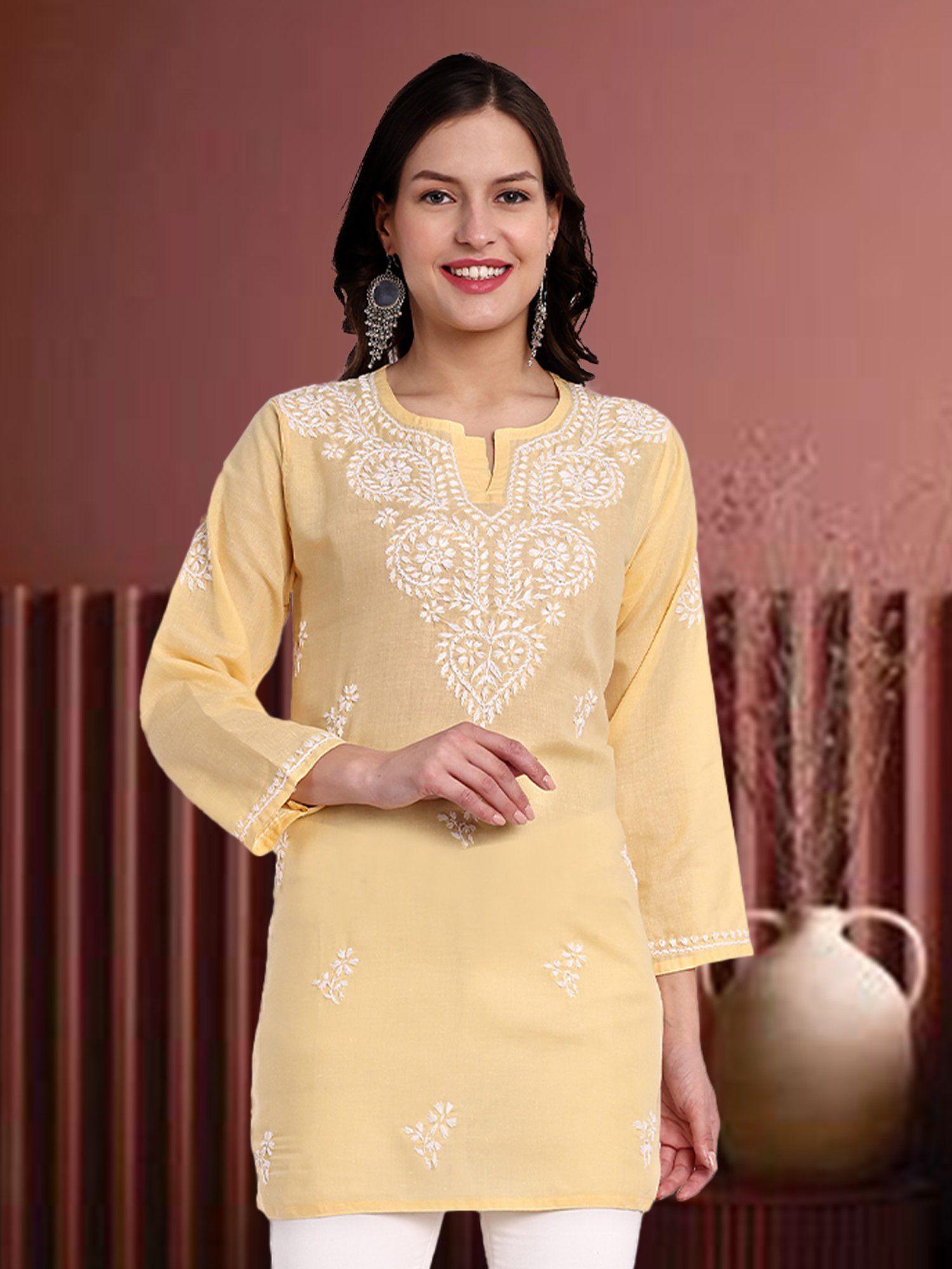 hand embroidered lucknowi chikankari ethnic motifs yellow cotton kurti