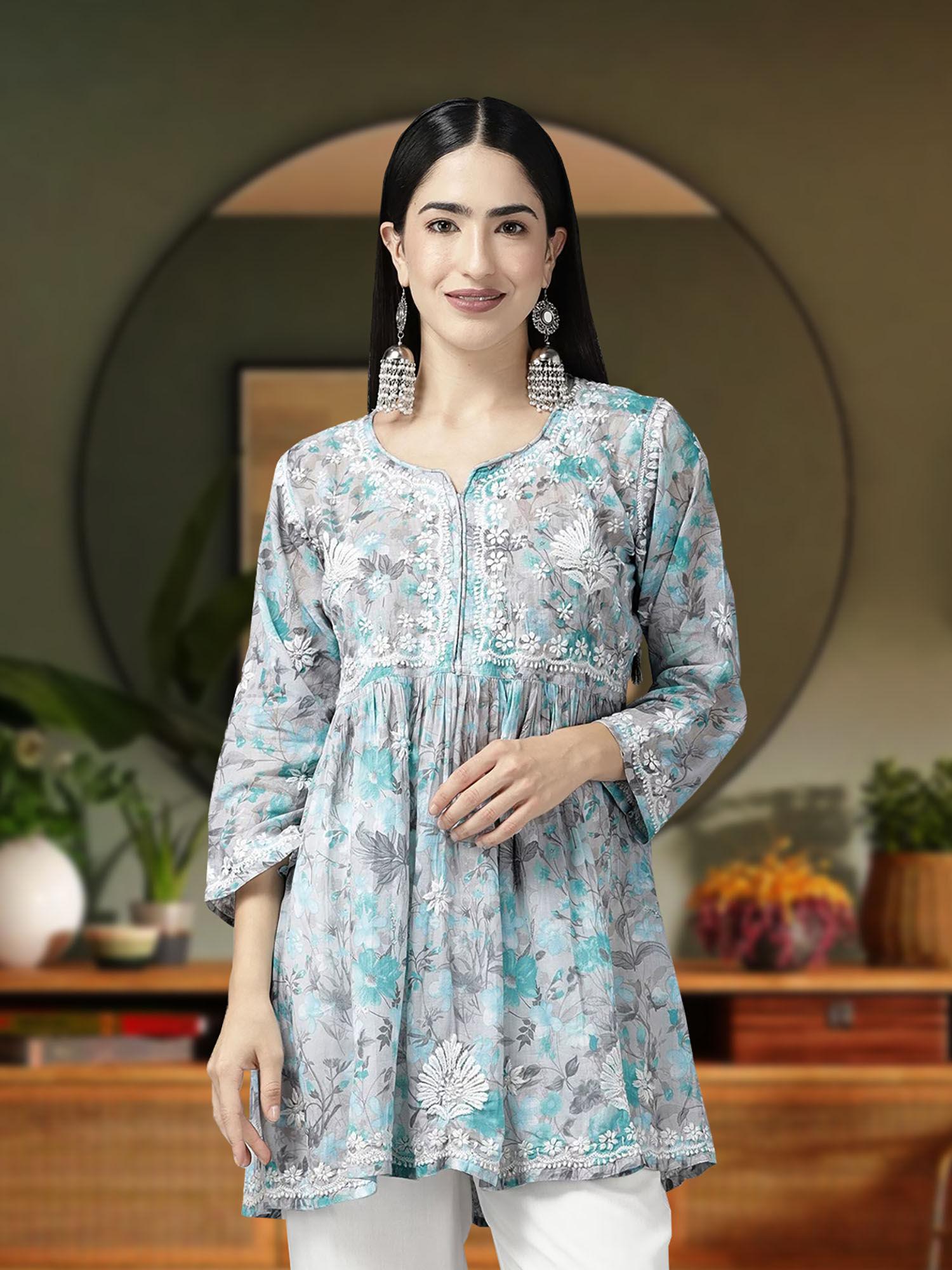 hand embroidered lucknowi chikankari floral printed blue cotton kurti