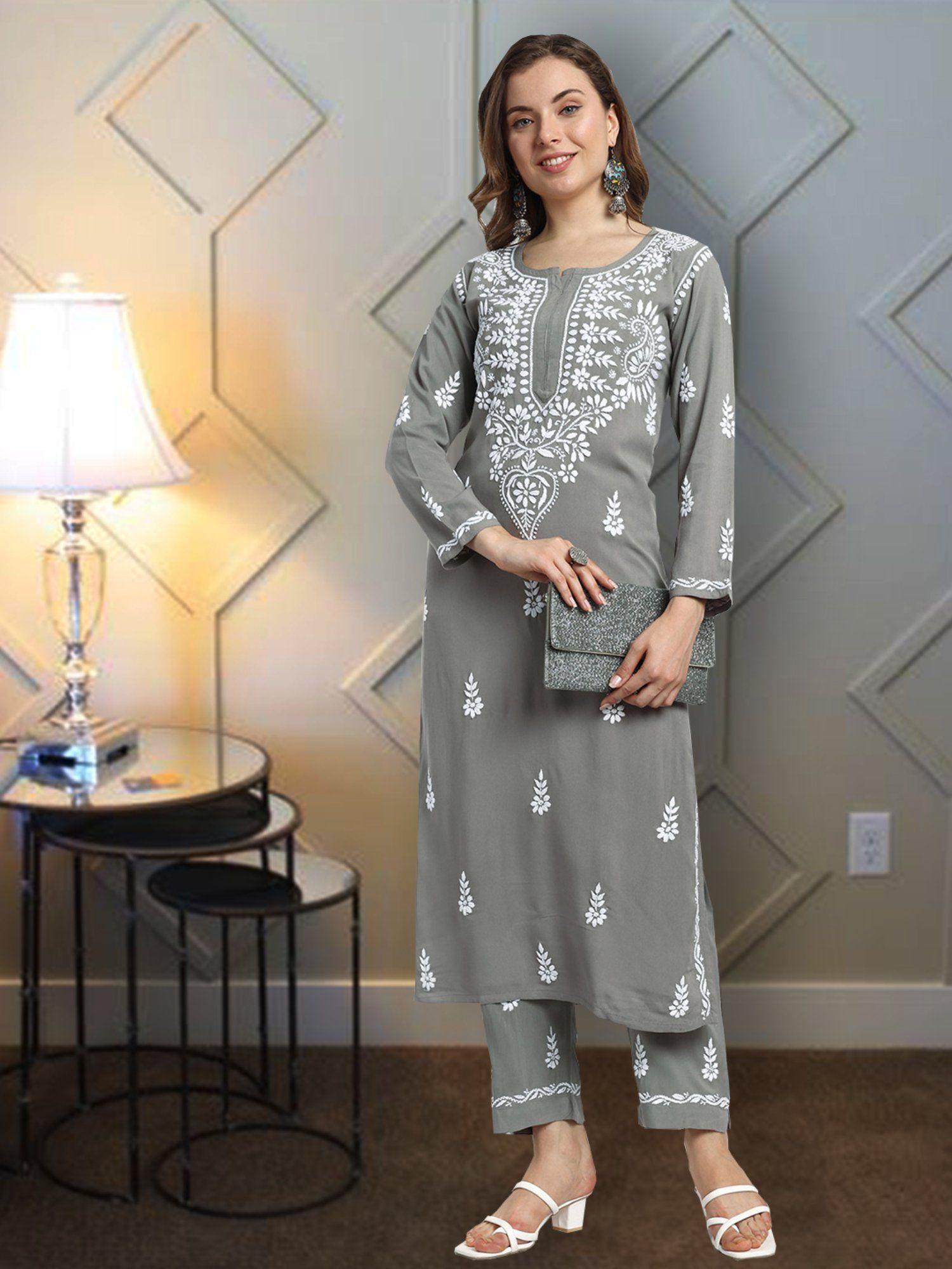 hand embroidered lucknowi chikankari grey rayon kurta (set of 2)