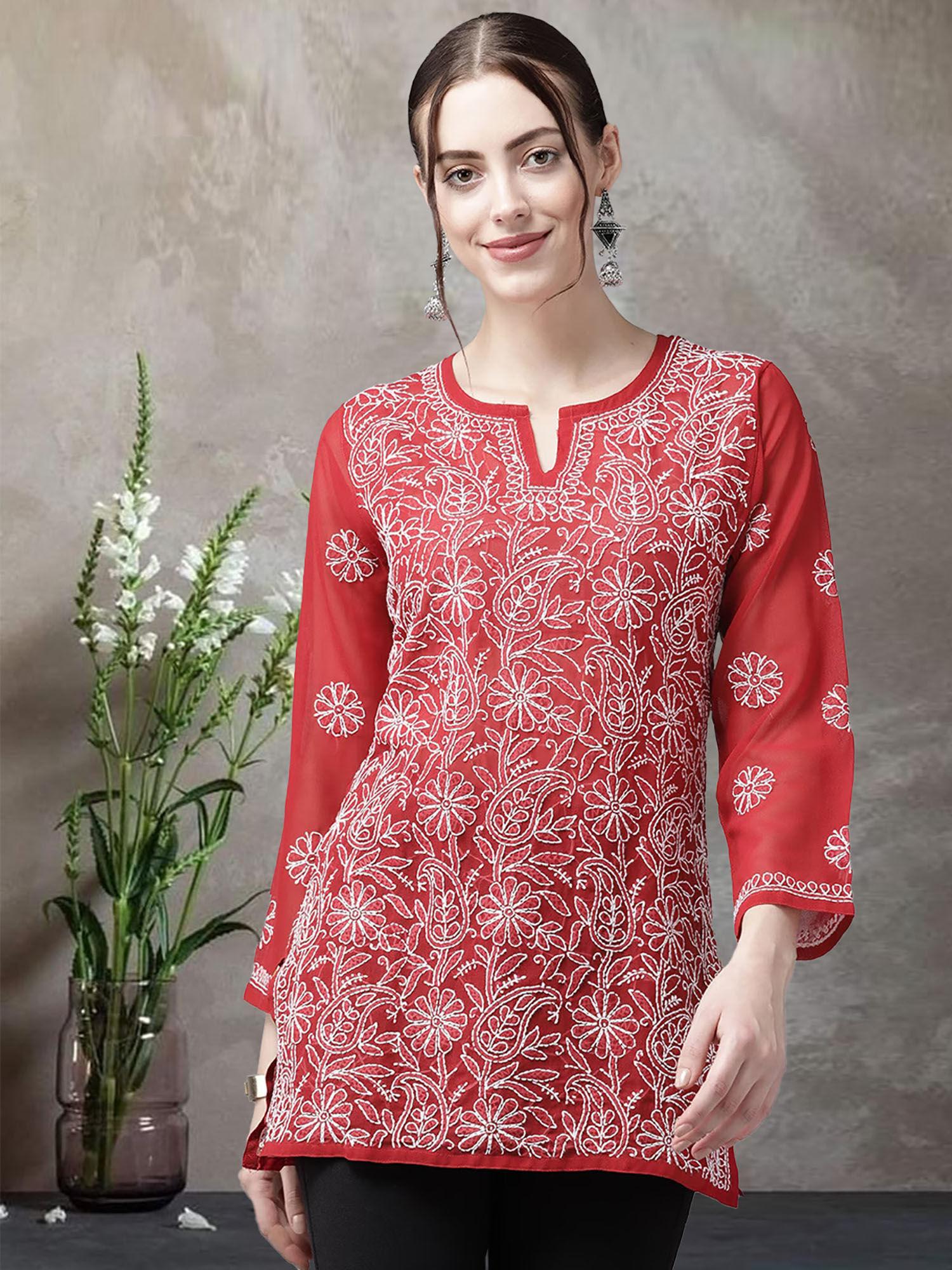 hand embroidered lucknowi chikankari red georgette kurti