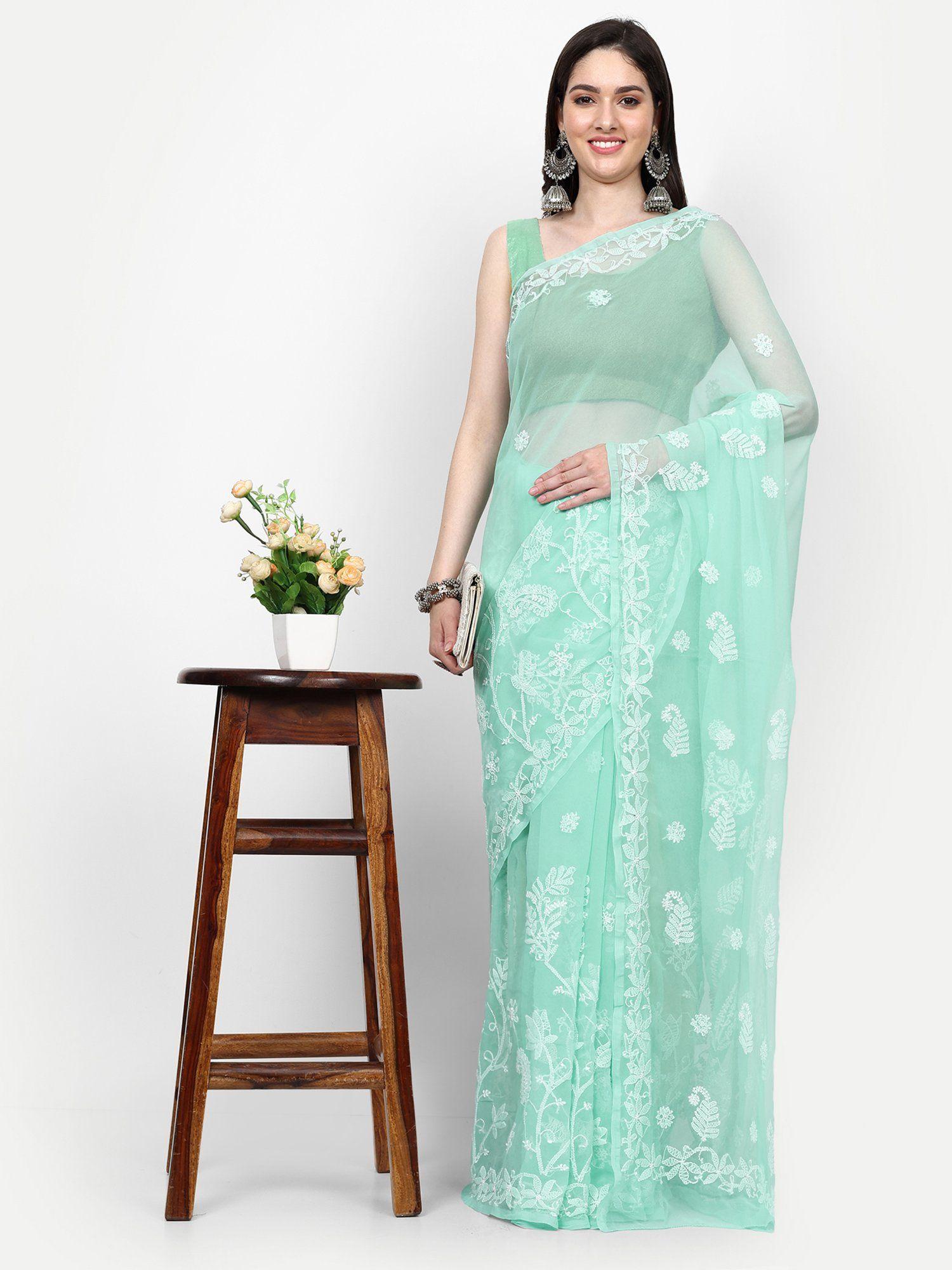 hand embroidered lucknowi chikankari sea green georgette saree with unstitched blouse