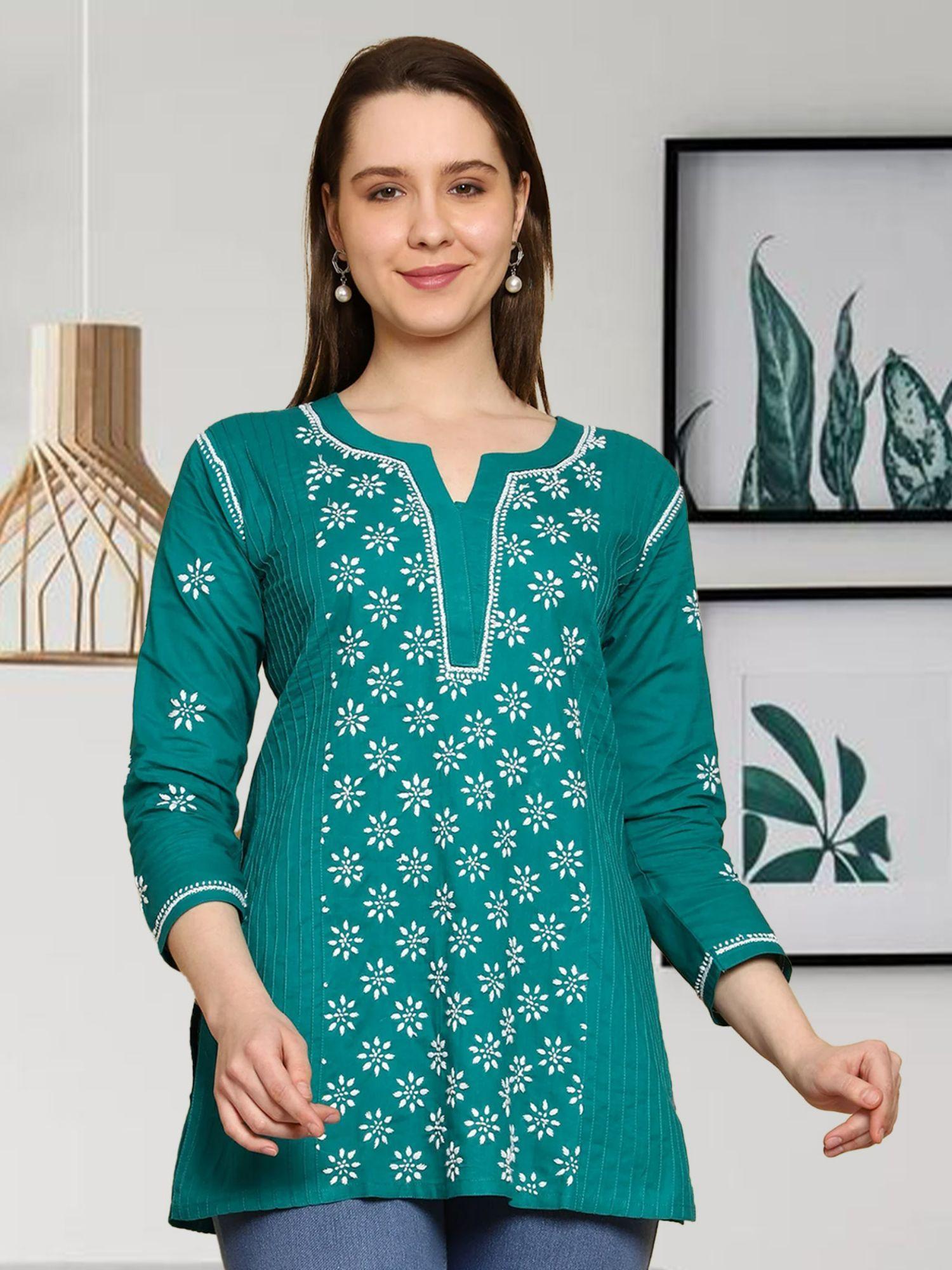 hand embroidered lucknowi chikankari side pleated bottle green cotton kurti